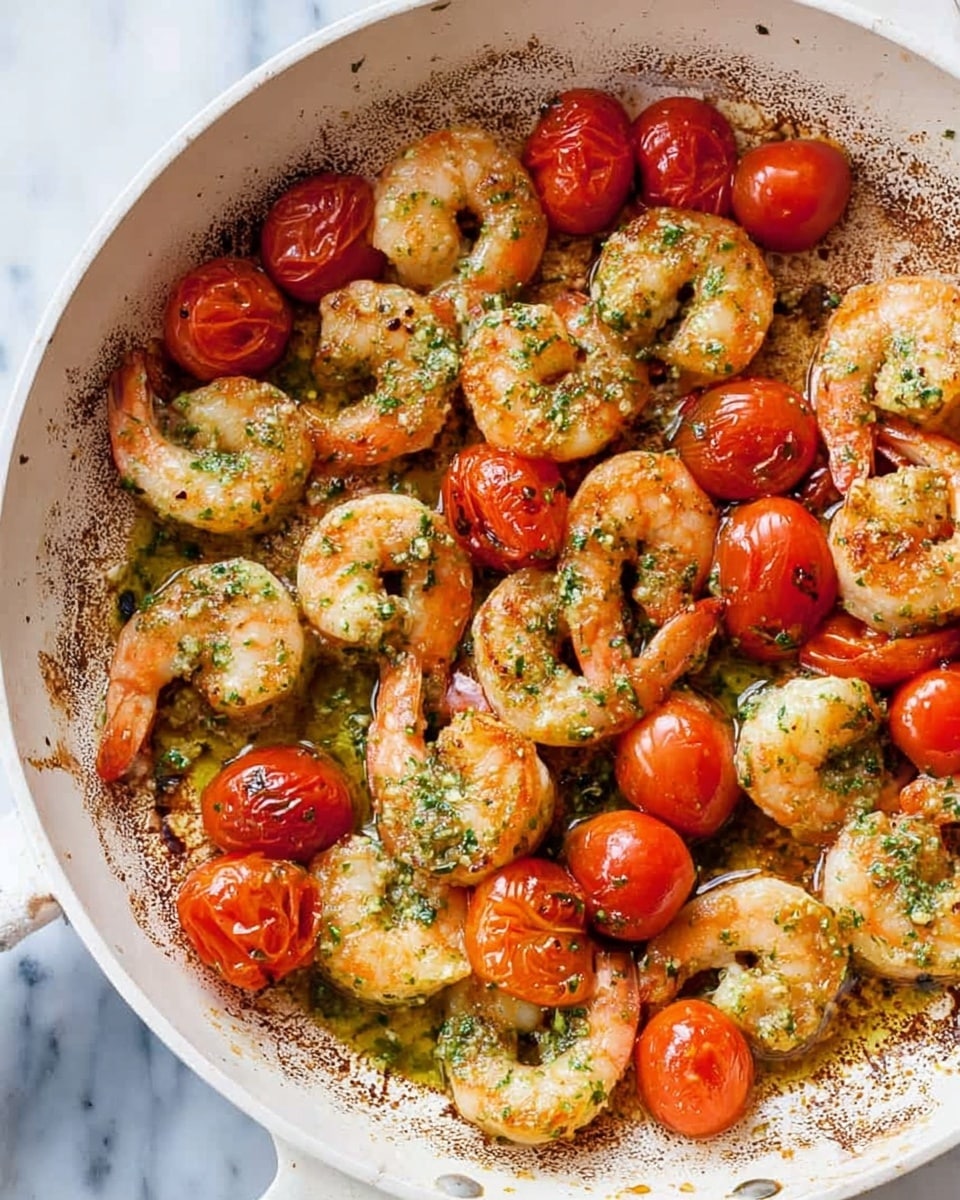 A white pan filled with cooked shrimp and cherry tomatoes. The shrimp are light orange with a slightly crispy texture, speckled with green herb sauce. The cherry tomatoes are bright red, some whole and some slightly softened with a shiny surface. The pan has a burnt residue around the edges, showing cooking marks. The scene is on a white marbled surface with soft natural light. Photo taken with an iphone --ar 4:5 --v 7