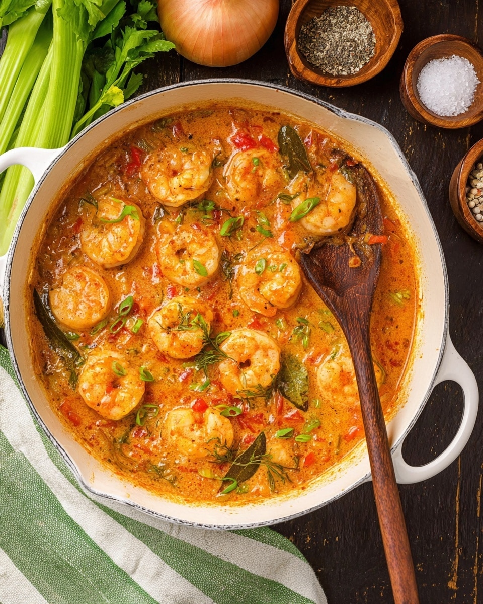 A white pan filled with a shrimp dish in a thick orange sauce with bits of red and green peppers and herbs. About twelve large shrimp are evenly spread in the sauce, showing a bright pink color with a slightly firm texture. There are visible small green onion slices on top and a few bay leaves mixed in. A brown wooden spoon rests in the middle of the pan, partially submerged in the sauce. The pan is set on a dark wooden table, next to a bunch of celery stalks, an onion, and two small round wooden bowls holding salt and black pepper. A green and white striped cloth is placed on the bottom right corner near the pan. photo taken with an iphone --ar 4:5 --v 7
