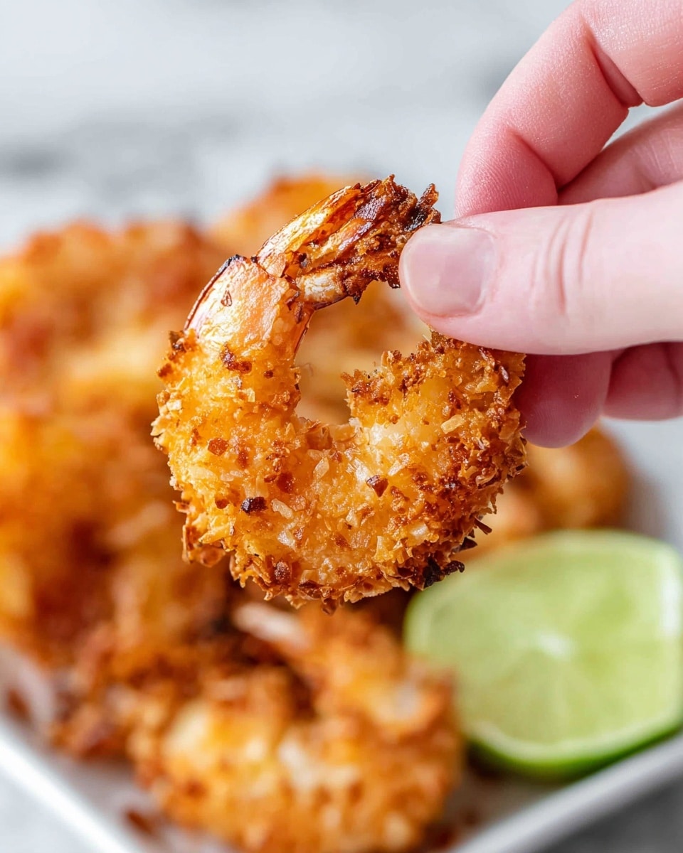 A close-up image shows a woman's hand holding a single golden-brown, crispy coconut shrimp with a rough, crunchy texture made from toasted coconut flakes. The shrimp has a slightly curved shape with an uneven surface showing bits of the coconut coating. In the blurred background, there is a white marbled surface that holds a white plate filled with more coconut shrimp and a wedge of light green lime. The whole scene is bright with natural light, highlighting the warm colors of the shrimp and the soft sheen on the woman's hand. Photo taken with an iphone --ar 4:5 --v 7