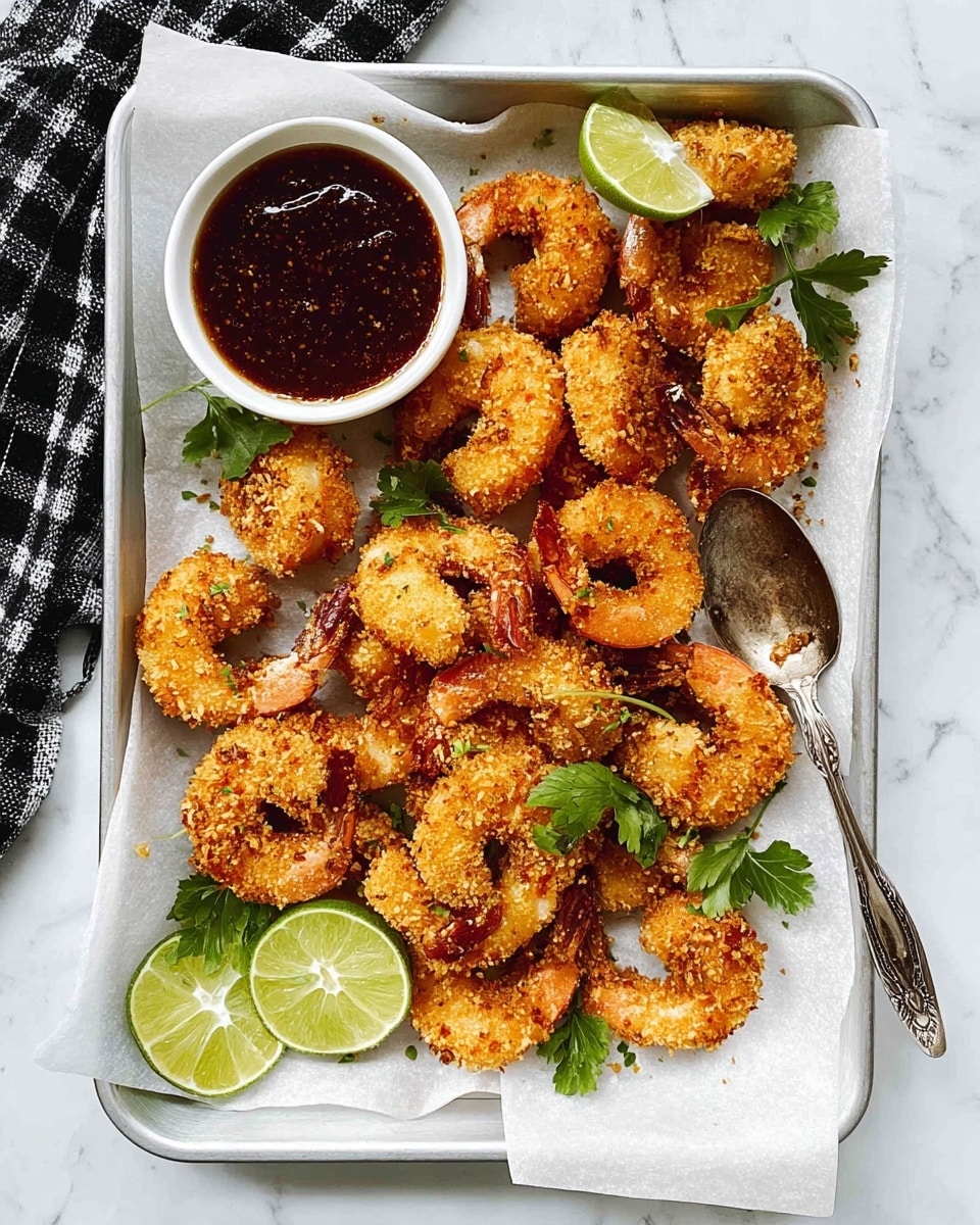 A white baking tray lined with parchment paper holds about twenty golden-brown breaded shrimp arranged in a slightly scattered pile. In the top left corner of the tray is a small white bowl filled with a dark reddish-brown dipping sauce. Three bright green lime wedges sit in the bottom left corner of the tray, alongside a few fresh green parsley leaves scattered among the shrimp. A vintage silver spoon rests on the right side of the tray partly on the parchment paper. The entire tray is placed on a white marbled surface with a black and white checkered cloth in the upper left corner. Photo taken with an iphone --ar 4:5 --v 7