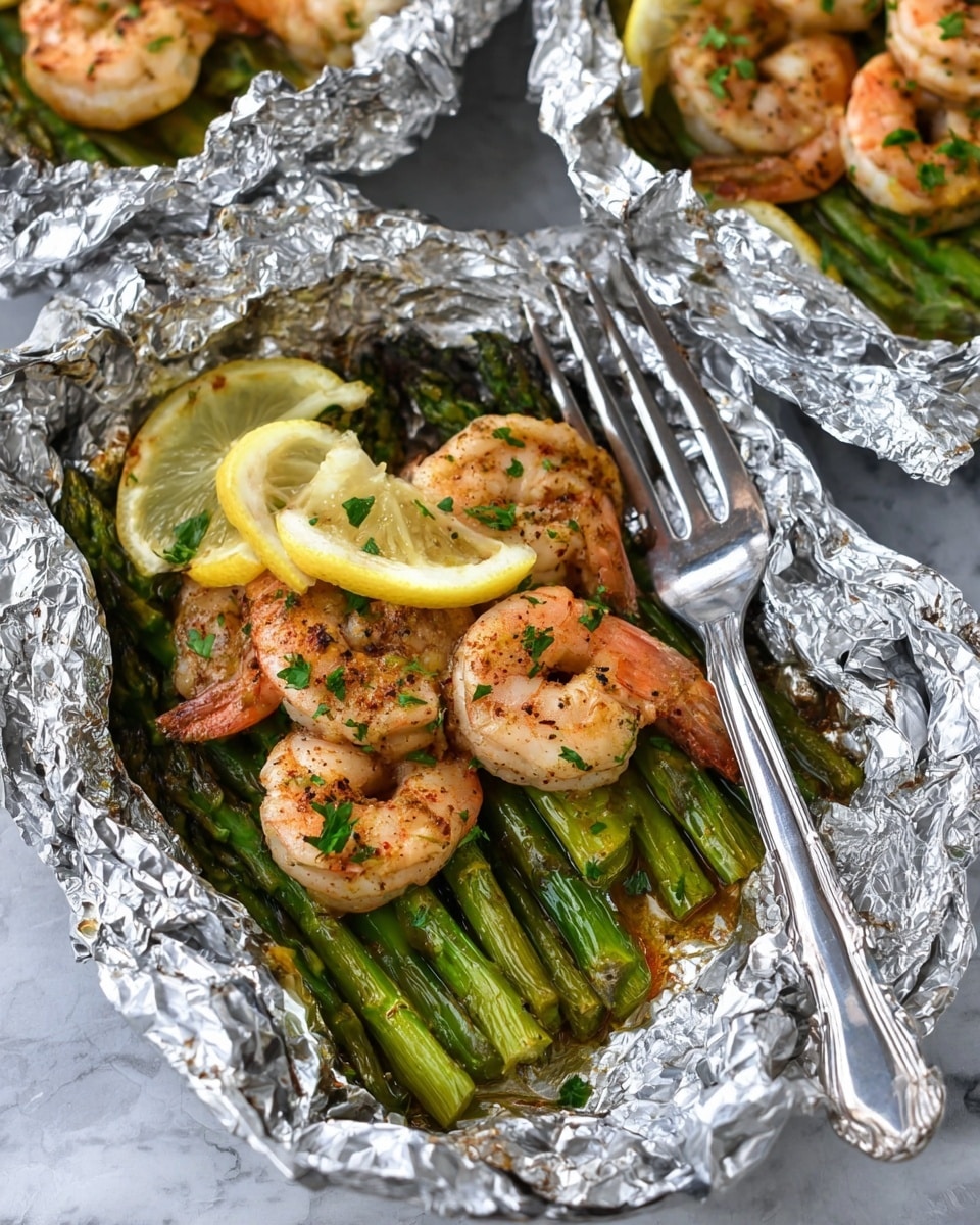 The image shows foil packets filled with cooked shrimp and asparagus. Each packet has a layer of bright green asparagus stalks at the bottom, topped with several pinkish-orange shrimp coated in spices and herbs. On top of the shrimp are two small lemon wedges, sprinkled with green parsley. A silver fork rests inside the foil on the right side of the main packet. The packets sit on a white marbled surface. Photo taken with an iphone --ar 4:5 --v 7
