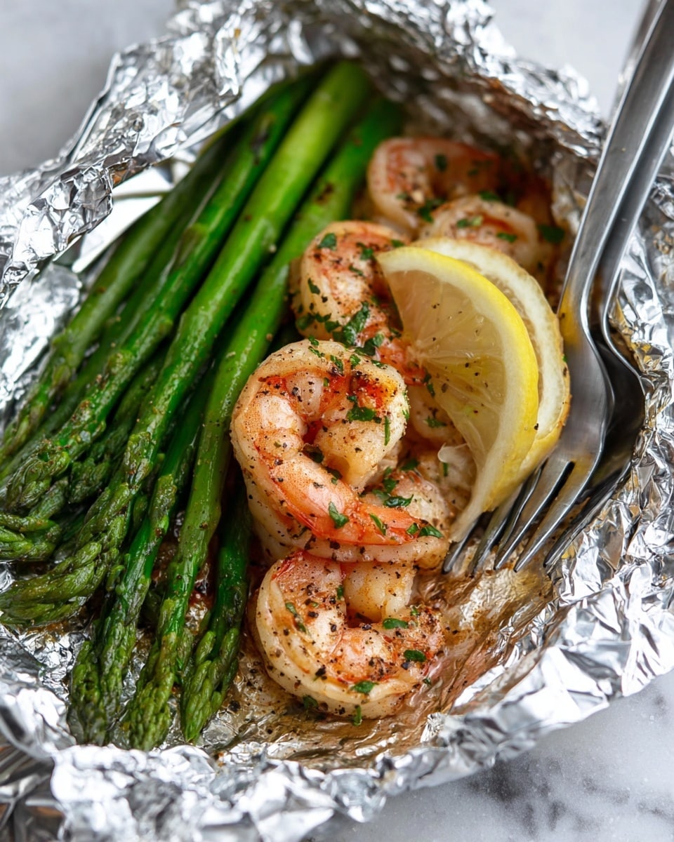 The image shows a foil packet with three layers inside: at the bottom are bright green asparagus spears arranged side by side, above them are several pinkish-orange cooked shrimp with a light sprinkle of green herbs, and on top near the shrimp is a wedge of lemon with visible black pepper and herbs. A silver fork is placed diagonally on the right side inside the foil, partly touching the asparagus and shrimp. The foil has a shiny, crinkled texture reflecting light. The whole scene is on a white marbled surface. Photo taken with an iphone --ar 4:5 --v 7