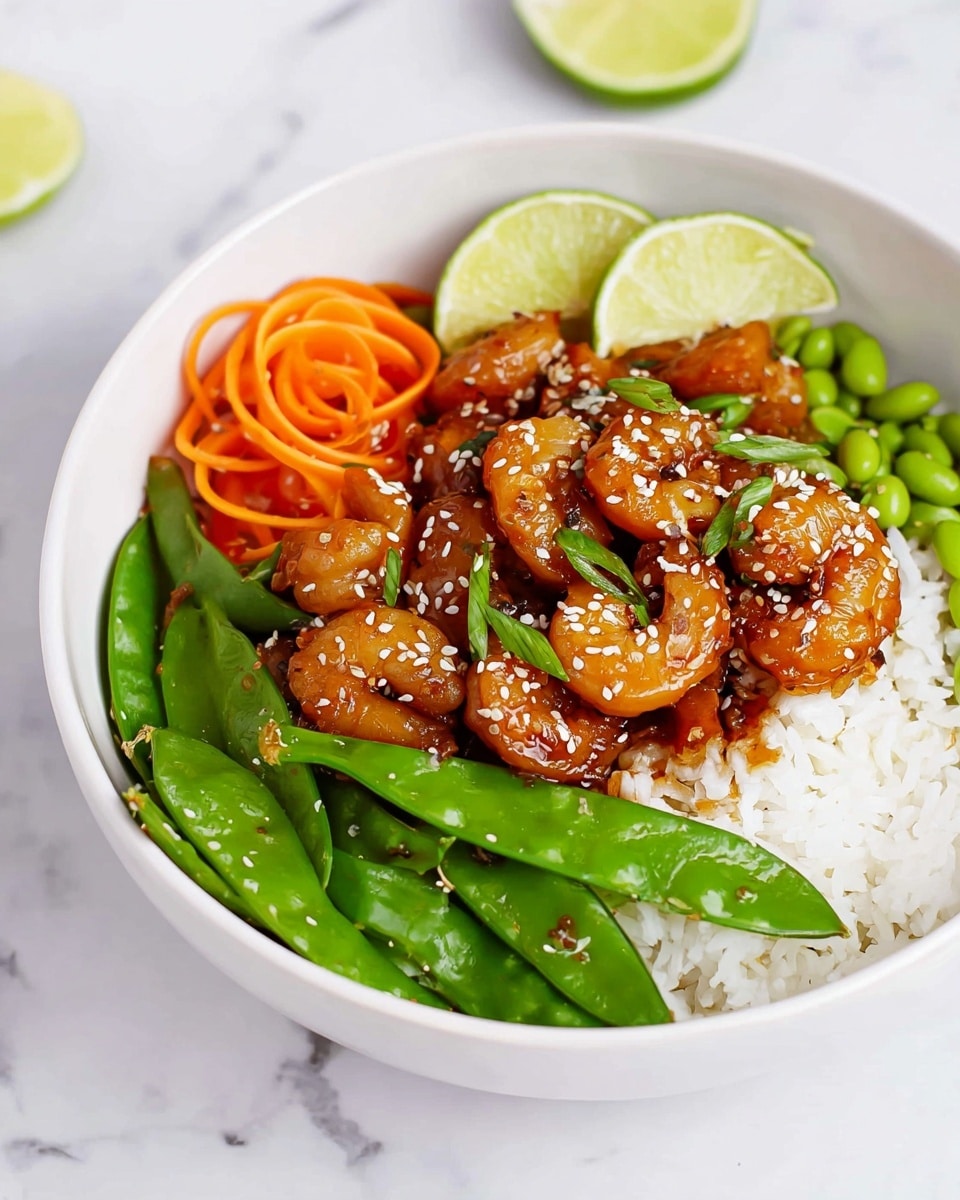 A white bowl on a white marbled surface filled with three main layers: the bottom layer is white rice, topped with bright green snow peas and sliced green beans in the middle, and above that are golden-brown shrimp coated in a shiny sauce sprinkled with white sesame seeds. On the left side of the bowl, there are small spiral-shaped orange carrot ribbons and green edamame beans. Two lime wedges rest near the shrimp at the back edge of the bowl. The image is bright with natural light, giving the food a fresh and colorful look. photo taken with an iphone --ar 4:5 --v 7