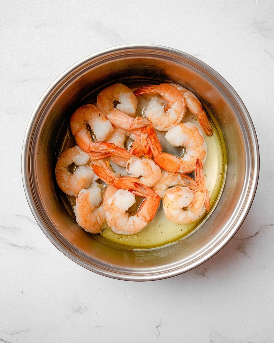 The image shows a top view of a stainless steel pot containing 14 cooked shrimp with orange-pink shells and white flesh, arranged in a loose circular shape inside the pot. The shrimp sit in a shallow pool of light yellow oil at the bottom of the pot. The pot is placed on a white marbled surface that has soft gray veins and a smooth texture. photo taken with an iphone --ar 4:5 --v 7