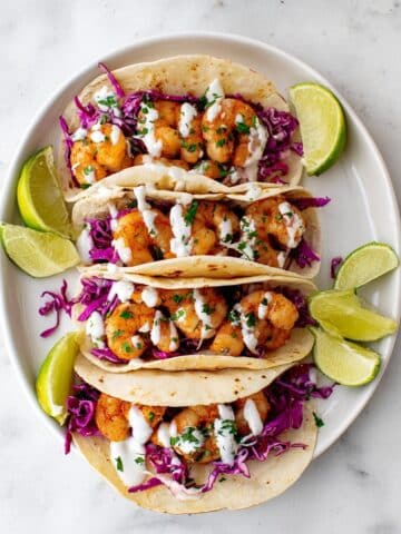 Shrimp Tacos with Colorful Cabbage Slaw and Creamy Lime Sauce Recipe