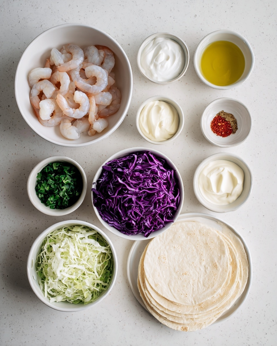 A top view of several white bowls and a white plate arranged on a white marbled texture surface, each holding different ingredients for a dish. There is one bowl with raw shrimp showing a mix of pale pink and translucent white colors, another bowl with shredded purple cabbage showing vibrant deep purple tones, and a bowl with shredded green cabbage in pale green and white shades. A smaller bowl contains chopped green herbs with a fresh leafy texture. There are also small bowls with creamy white mayonnaise, light yellow oil, a white sauce or sour cream with a smooth texture, and a mix of red and beige spices. On the white plate, there is a stack of soft light beige tortillas. The overall look is clean and organized with fresh and colorful ingredients, photo taken with an iphone --ar 4:5 --v 7