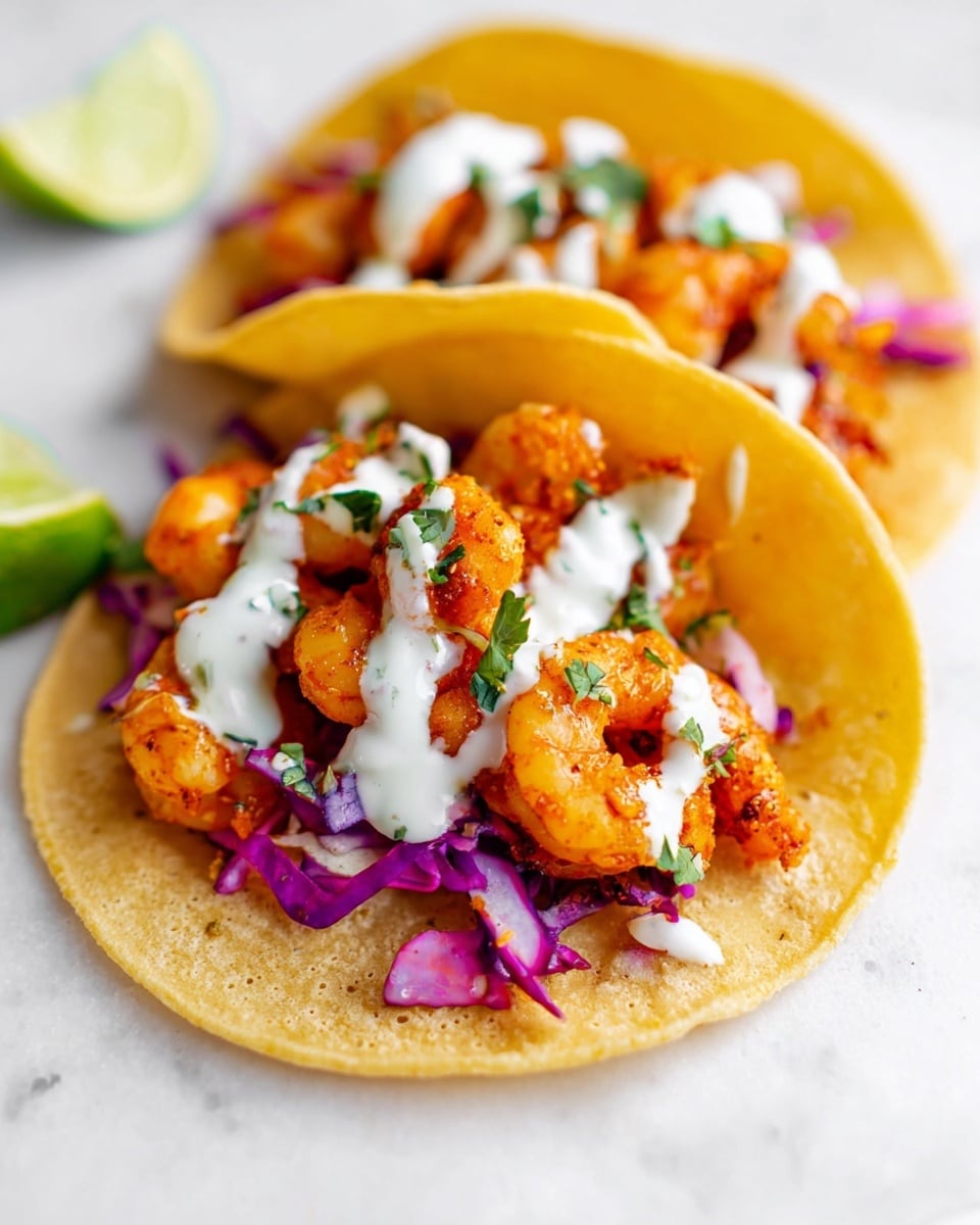 The image shows two soft, warm yellow corn tortillas placed on a white marbled surface, each filled with layers of bright orange cooked shrimp that look slightly spiced. Underneath the shrimp, there is a layer of finely shredded purple and light pink cabbage, adding a fresh, crunchy texture. On top of the shrimp, there is a smooth, creamy white sauce drizzled over, with small green bits of cilantro sprinkled over the whole dish. In the corner of the image, a small wedge of lime adds a fresh green touch. The photo taken with an iphone --ar 4:5 --v 7