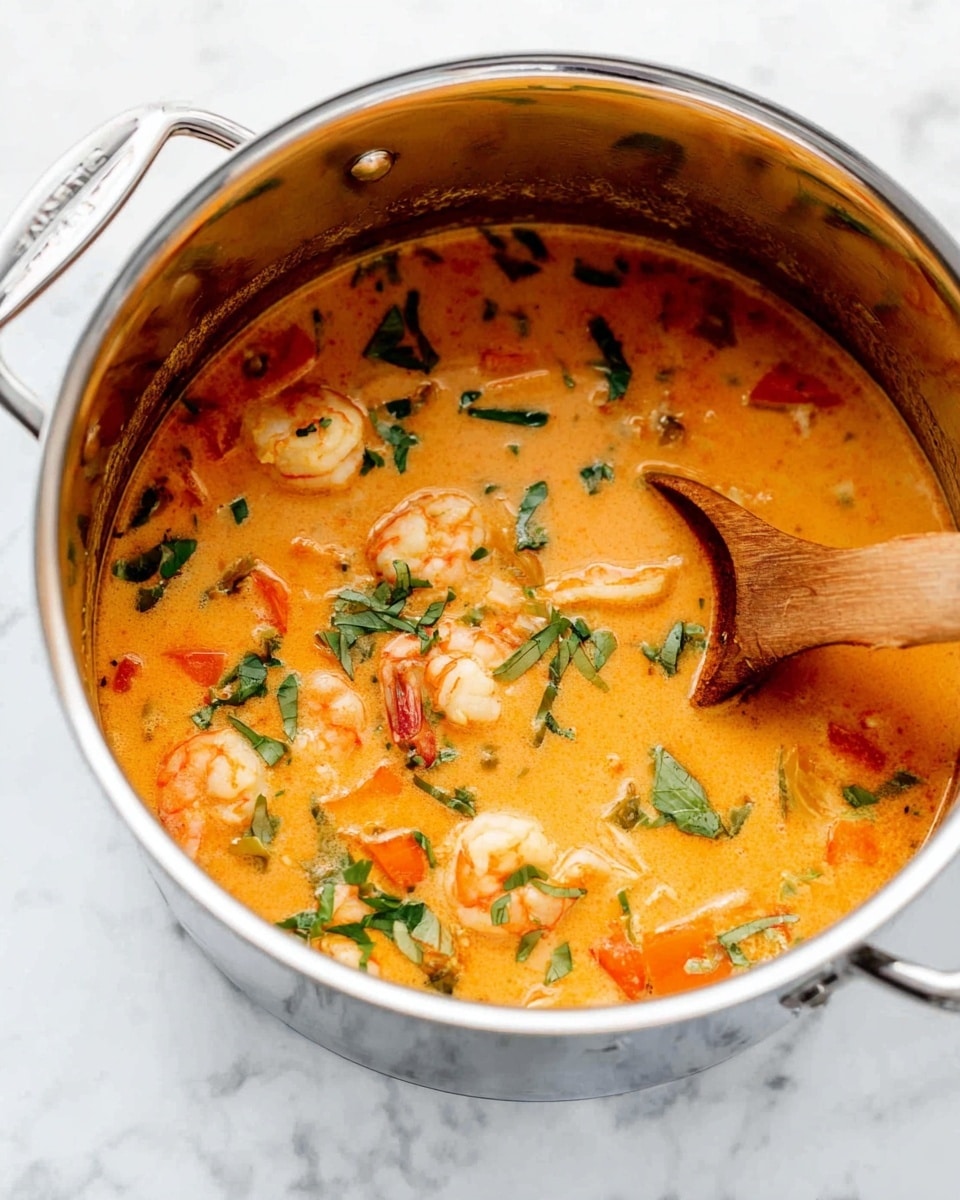 The image shows a shiny metal pot filled with a creamy orange soup. Inside the soup, there are pink shrimp, small pieces of orange vegetables, and scattered chopped green herbs on top. A wooden spoon is partly submerged on the right side, stirring the soup. The pot sits on a white marbled surface and the photo is bright, clear, and close up. photo taken with an iphone --ar 4:5 --v 7