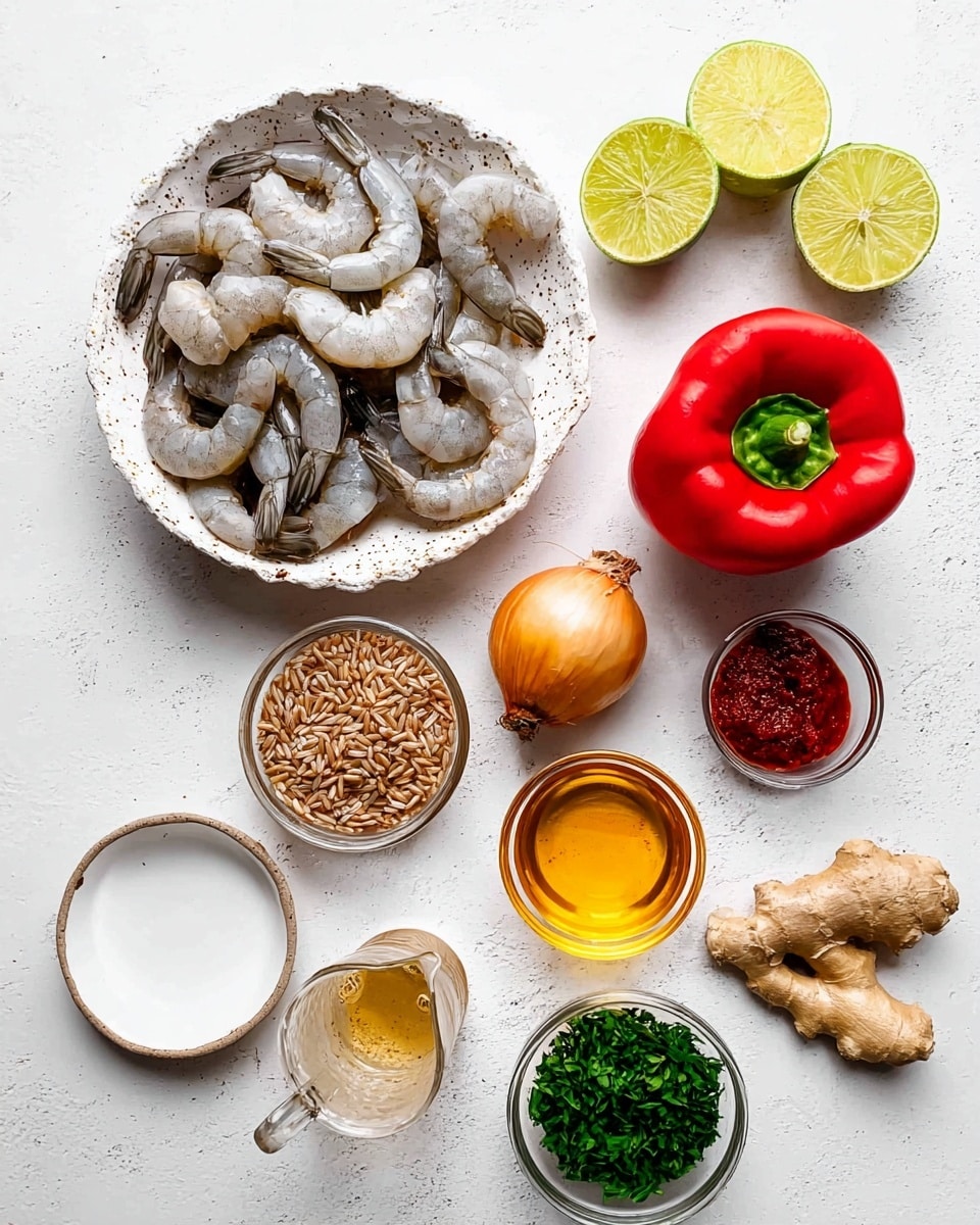 A white marbled surface holds a set of ingredients arranged neatly: at the center, a white speckled bowl filled with raw gray shrimp with tails; above it, two lime halves with light green flesh and a whole red bell pepper to the right; beside the shrimp bowl is a small white bowl filled with dry brown rice grains, and below that is a rustic small bowl filled with chopped green herbs; beneath the shrimp bowl sits a clear bowl holding a golden liquid and next to it another clear bowl containing a red paste; to the left of the shrimp is a whole yellow onion, three garlic cloves, a piece of raw ginger root, and a small glass pitcher filled with a light brown liquid; an empty white speckled plate lies at the bottom left corner; all elements are lit softly from above. photo taken with an iphone --ar 4:5 --v 7