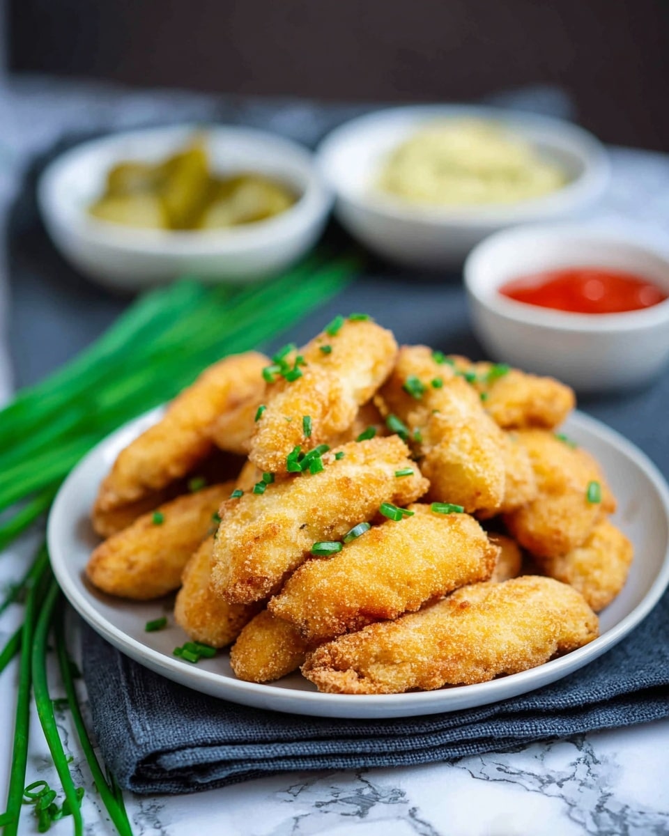 A white plate filled with about twelve golden brown fried finger-shaped pieces, lightly sprinkled with small green chives on top. The plate is placed on a dark cloth with a bunch of fresh green chives to the left front side. In the background, slightly out of focus, are two white bowls with pale yellow sauce and light green pickles, and one white bowl with red sauce positioned on a white marbled surface. Photo taken with an iphone --ar 4:5 --v 7