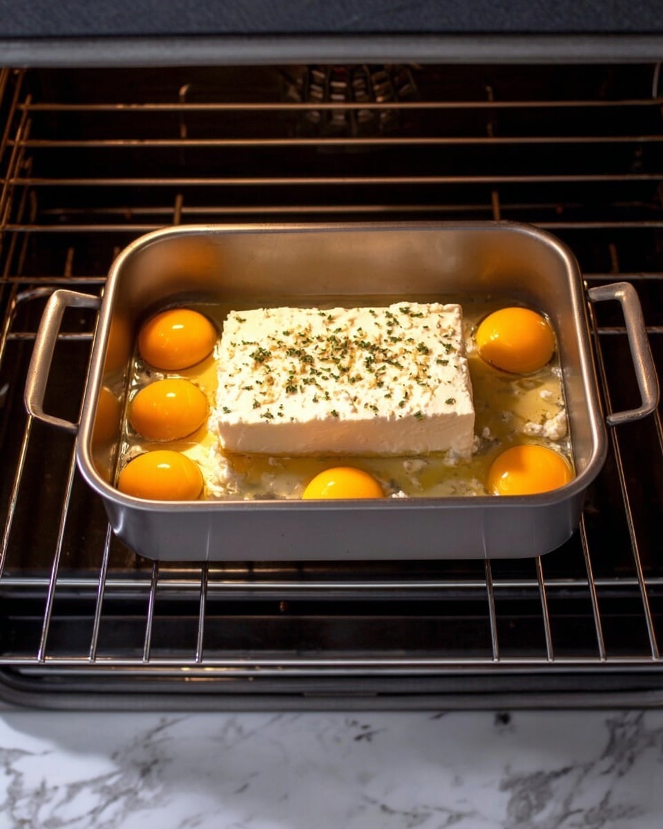 The image shows a silver rectangular baking pan inside an oven, placed on a metal rack. In the pan, there is a block of white cheese sitting in the center, surrounded by six raw egg yolks evenly spaced around it. The cheese and eggs are sprinkled with small green herbs. A light layer of oil or liquid is visible at the bottom of the pan. The oven interior is dark gray, and the surrounding surface has a white marbled texture. Photo taken with an iphone --ar 4:5 --v 7