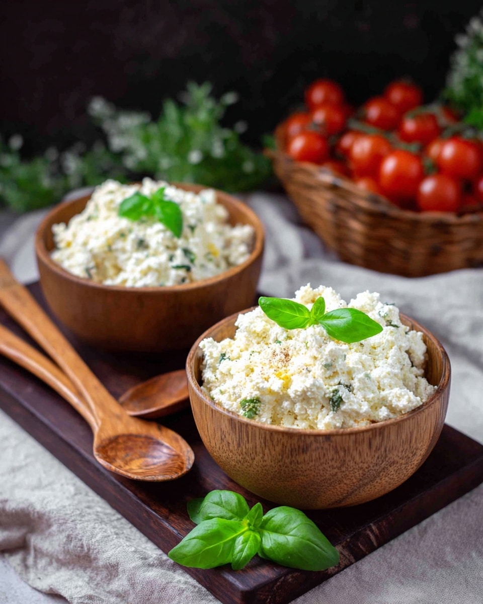 Two wooden bowls filled with a creamy white cottage cheese mixture with small green herb bits and soft yellow pieces, placed on a dark wooden board with two wooden spoons on the left side. The bowl in front is garnished with two bright green fresh basil leaves, while the bowl in the back has a single green basil leaf on top. In the blurred background, a basket of red cherry tomatoes sits against a dark surface, with some green herbs delicately draped nearby. The scene is set on a white marbled texture. Photo taken with an iphone --ar 4:5 --v 7