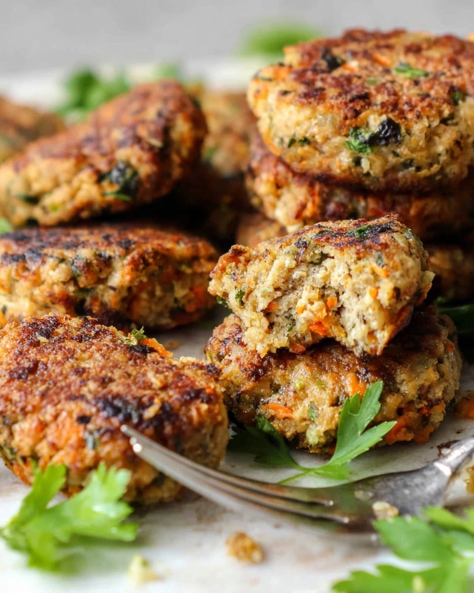 A close-up view of small, round patties stacked on a white marbled surface, showing a rough, textured surface with light brown and golden colors mixed with small dark green herb pieces. The patties have slightly crispy edges and appear dense, with one patty broken open to reveal a soft, moist inside with grated carrot and green bits. Fresh green parsley sprigs are scattered around the patties adding a fresh pop of color, and a silver fork lies near the front on the white marbled surface. photo taken with an iphone --ar 4:5 --v 7