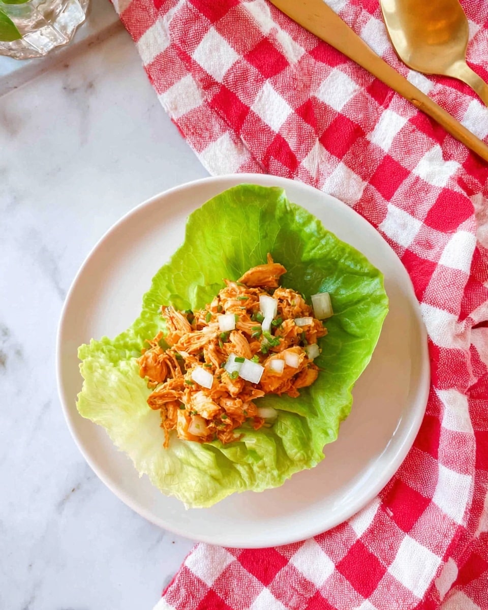 A single green lettuce leaf is placed at the center of a white plate, forming the base layer. On top of the leaf, there is a layer of shredded orange-brown cooked chicken, giving a textured and slightly moist appearance. Small pieces of white diced onions are sprinkled over the chicken, adding a contrast of color and a bit of crunch. The plate rests on a white marbled surface with a red and white checkered cloth and a golden spoon visible in the top background. Photo taken with an iphone --ar 4:5 --v 7