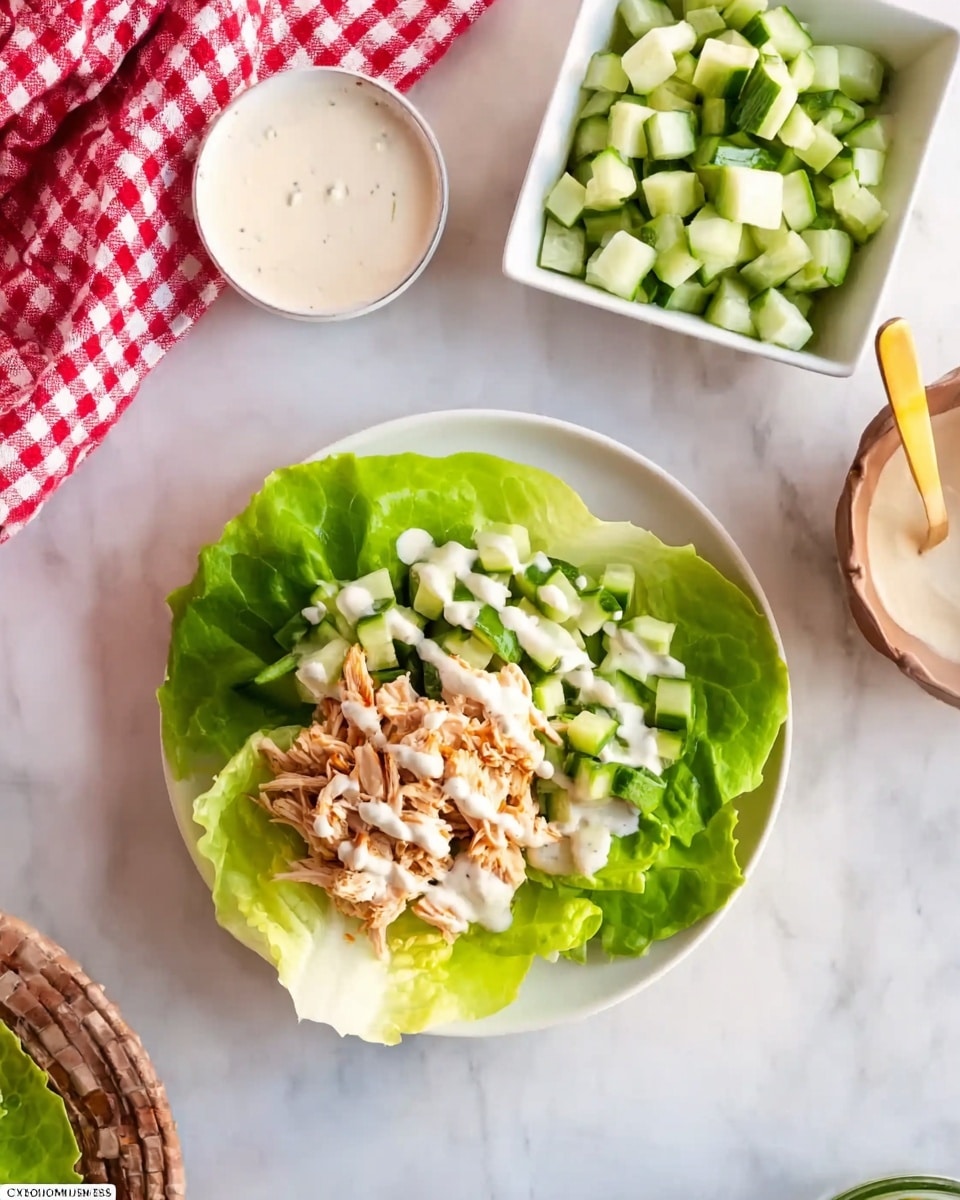 A round white plate sits on a white marbled surface, holding a fresh green lettuce leaf as the base layer. On top of the lettuce, there is shredded cooked chicken with a light brown color, layered with a drizzle of creamy white sauce spreading unevenly over the chicken. Nearby, there is a small white square bowl filled with diced cucumbers showing pale green and white pieces. Next to it, a small round white dish holds extra creamy white sauce with a golden spoon resting inside. A red and white checkered cloth is partially visible on the left side of the scene. Photo taken with an iphone --ar 4:5 --v 7
