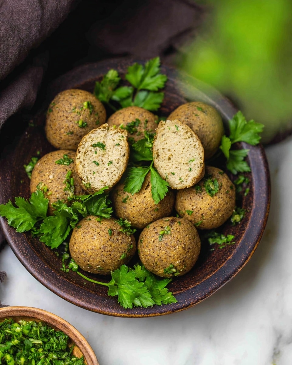 A rustic dark brown plate holds around ten round, beige falafel balls sprinkled with small green herb pieces. Two falafel balls are cut in half, showing a soft, crumbly inside. Bright green parsley leaves are placed both under and on top of the falafel, adding a fresh look. The plate is set on a white marbled surface with a blurred bowl of chopped green herbs nearby. The photo is taken with an iphone --ar 4:5 --v 7