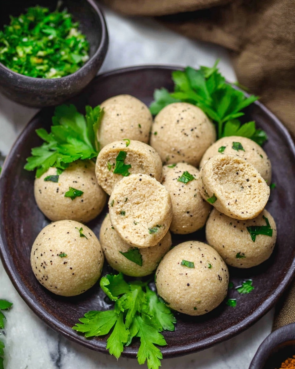A dark brown plate holds about ten round, beige balls with a slightly rough texture and tiny black specks, some sprinkled with chopped fresh green herbs. Two of the balls are broken in half, showing a soft, grainy inside. Bright green parsley leaves are placed around and under the balls for decoration. In the background, a small dark bowl filled with more finely chopped green herbs sits on a white marbled surface. Photo taken with an iphone --ar 4:5 --v 7