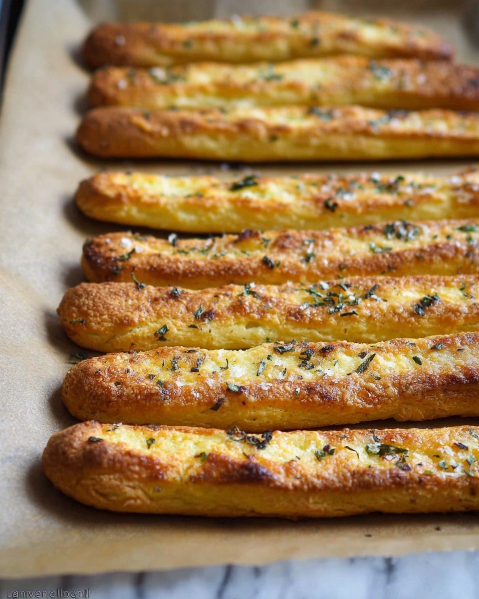 There are eight long, golden breadsticks arranged diagonally in two neat rows on brown baking paper placed in a baking tray. Each breadstick has a crispy, brown crust with a slightly rough texture and is topped with small pieces of dark green herbs and sprinkled salt crystals. The breadsticks show a light yellow tint from melted cheese or butter and appear soft inside while being crunchy outside. The image is focused on the first two breadsticks, while the rest gradually blur into the background. The setting has a white marbled texture under the tray. Photo taken with an iphone --ar 4:5 --v 7