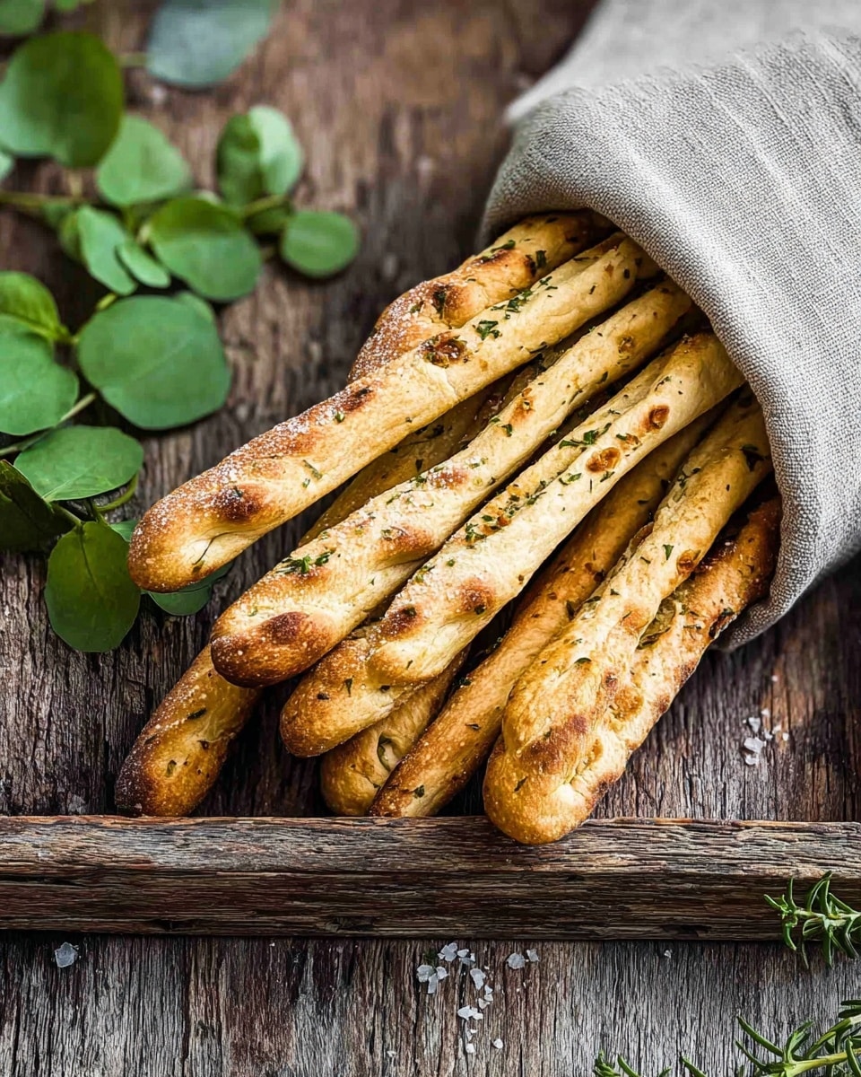 Several long, thin breadsticks with a golden-brown roasted texture lie wrapped in a light gray cloth napkin, sprinkled with small bits of green herbs and coarse salt. The breadsticks have small browned spots showing slight crispiness on the edges. They sit on a rustic wooden surface with a section of a wooden tray holding green round leaves in the background. The scene is natural and simple, with the breadsticks stacked closely together. photo taken with an iphone --ar 4:5 --v 7
