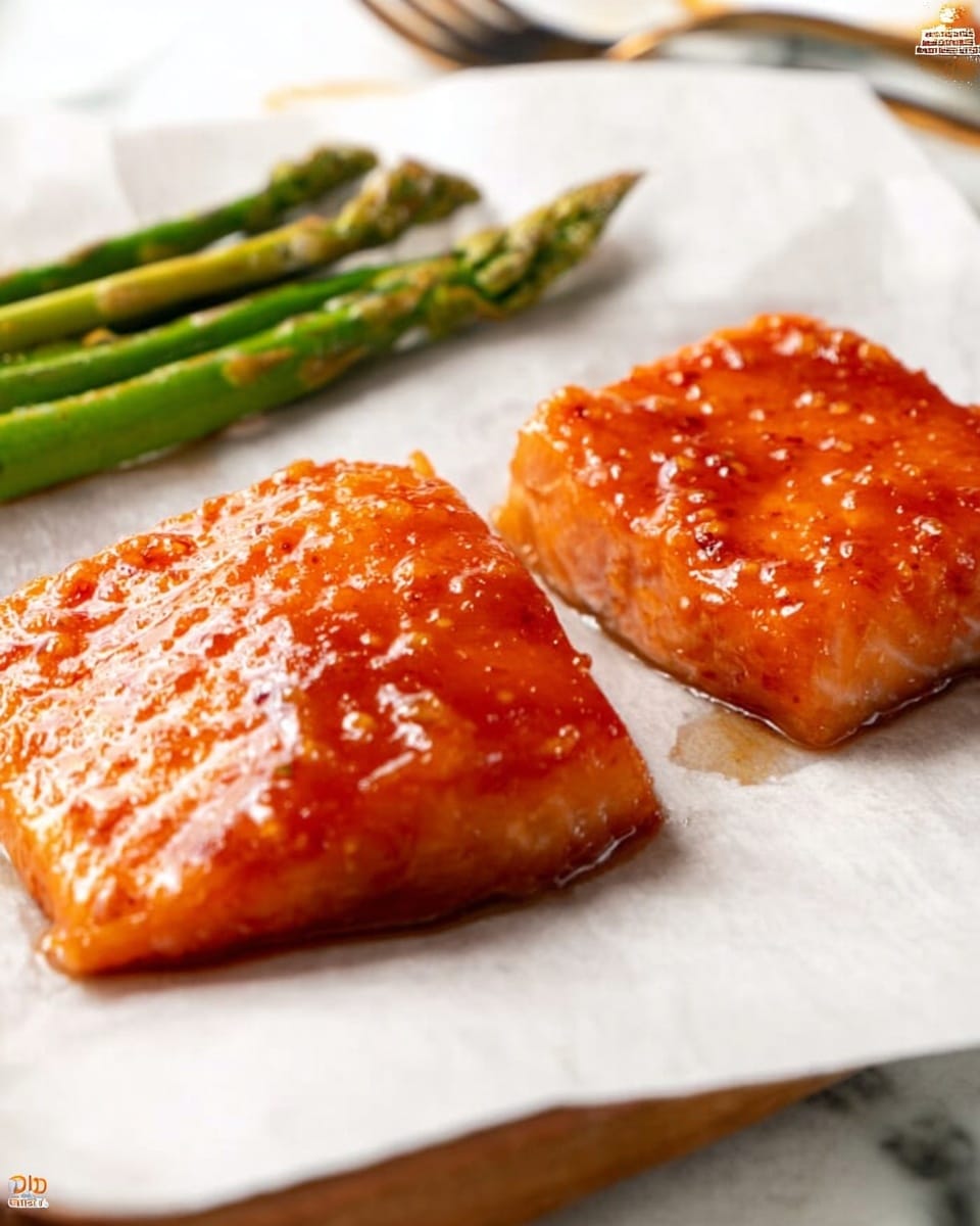 The image shows two square pieces of cooked salmon with a shiny, glazed surface in a bright orange color, placed on white parchment paper. The salmon has a slightly crispy texture with visible caramelized spots on top. Below the salmon pieces, there are two green asparagus stalks that look lightly cooked with a bit of shine. The whole scene sits on a white marbled surface with a fork partially visible in the top background. photo taken with an iphone --ar 4:5 --v 7