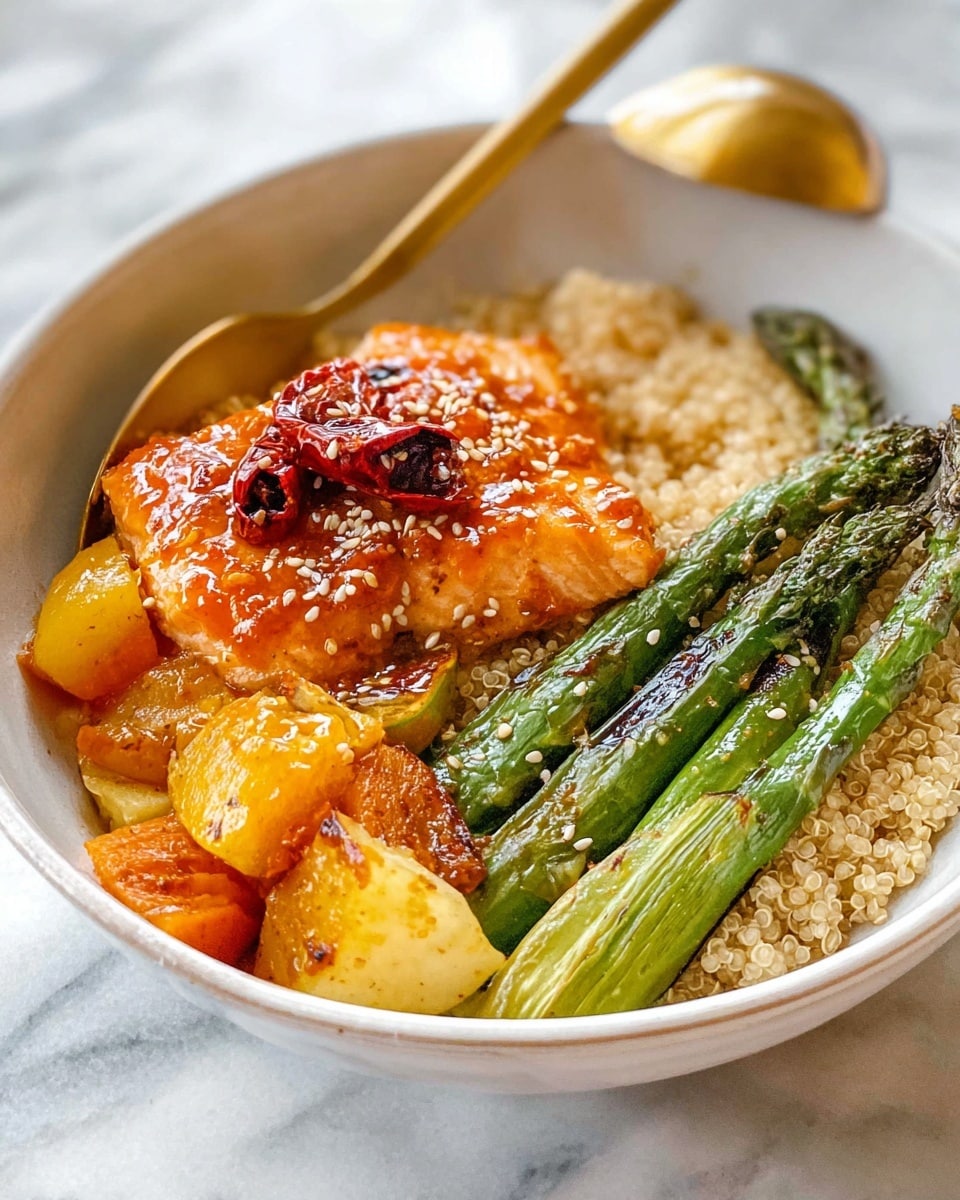 A white bowl sits on a white marbled surface filled with three main layers. The bottom layer is a bed of light brown grains that look soft and cooked. On the left side, there is a bright orange glazed piece of fish, topped with two small red dried chili peppers and sprinkled with white sesame seeds. Below the fish, there are chunks of yellow and orange cooked vegetables with a slightly shiny surface. On the right side, a cluster of green asparagus spears lies, showing a grilled texture with visible char marks. A golden spoon rests at the back of the bowl, partly buried in the grains. Photo taken with an iphone --ar 4:5 --v 7