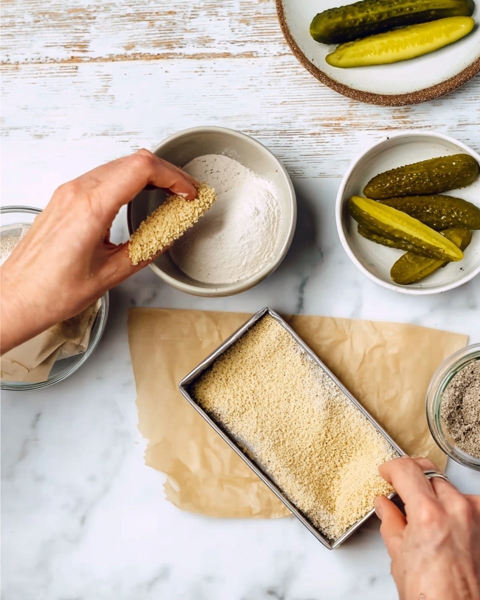 A top view of two fingers of a light brown food item being dipped by a pair of hands first into a bowl of white powder and then into a rectangular container of light beige crumbs on a white marbled texture surface. On the right side, there is a white bowl with three green pickle pieces. In the background, partially visible is a dish with two green cucumber slices and some yellow items. A piece of parchment paper is placed in the center, below the containers. Photo taken with an iphone --ar 4:5 --v 7