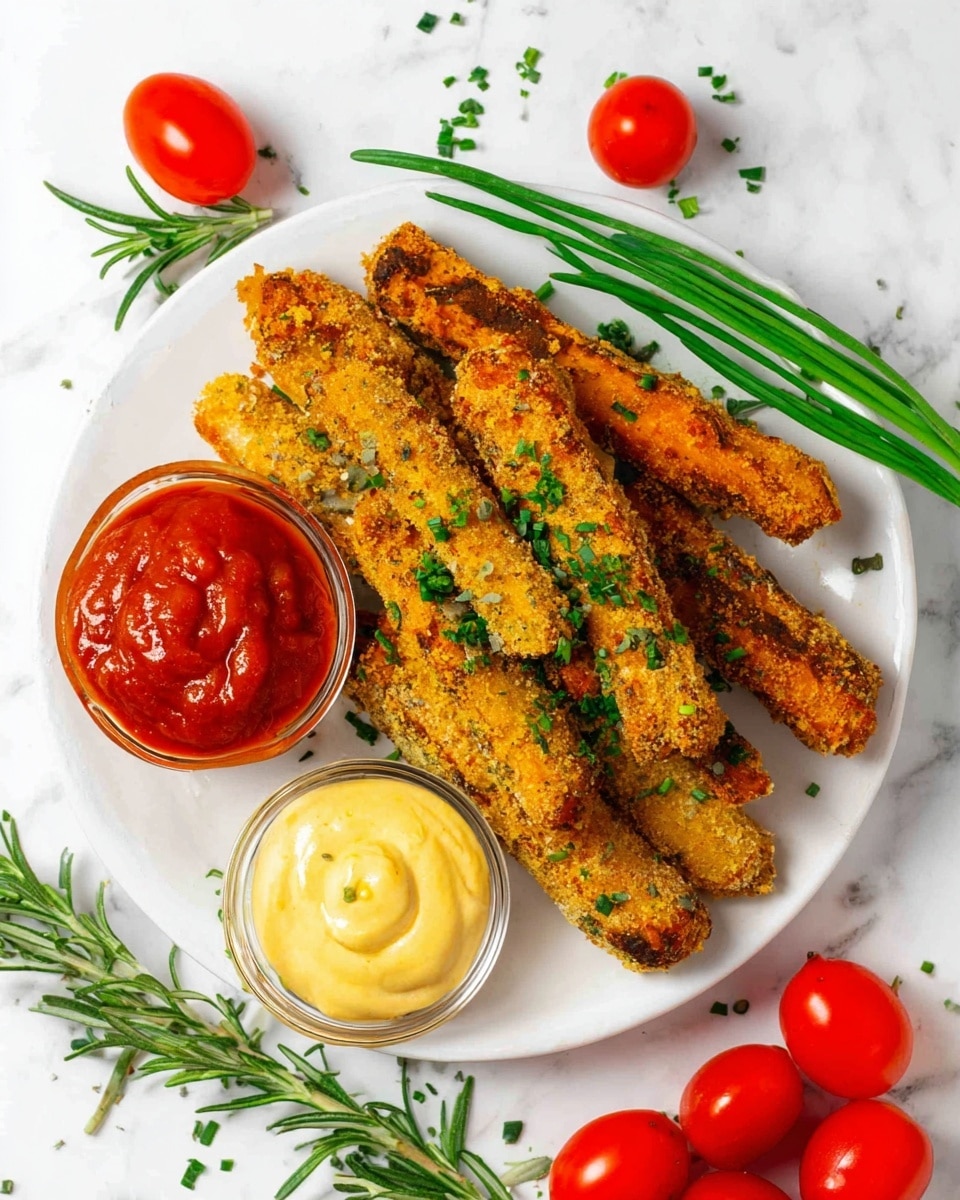 A white round plate holds seven golden-brown crispy sticks layered unevenly with a crunchy texture and small green herb sprinkles scattered on top. Next to the plate are two clear small glass bowls, one filled with thick red sauce with visible tomato pieces, and the other with creamy pale yellow sauce. Around the plate, there are fresh green chives and rosemary sprigs placed on the white marbled surface, along with three bright red grape tomatoes near the bottom. photo taken with an iphone --ar 4:5 --v 7