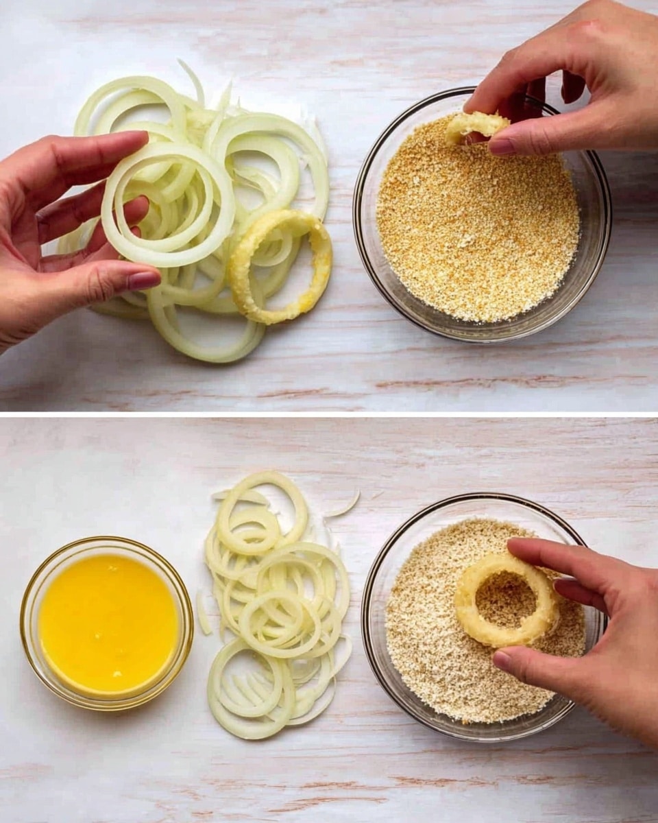 The image shows three steps of making a fried onion ring snack on a white marbled surface. On the left, a woman's hand holds a raw onion ring above a pile of thin, pale yellow onion rings with a smooth texture. In the middle, a woman's hand dips an onion ring into a bowl with a yellow beaten egg mixture, beside which is a glass bowl filled with light beige breadcrumbs having a coarse texture, and some onion rings are laid on the surface. On the right, a woman's hand presses an onion ring into the breadcrumbs inside the glass bowl, coating it with the crumbly layer. The setup is neat with a natural light effect, captured in a clean and simple style, photo taken with an iphone --ar 4:5 --v 7