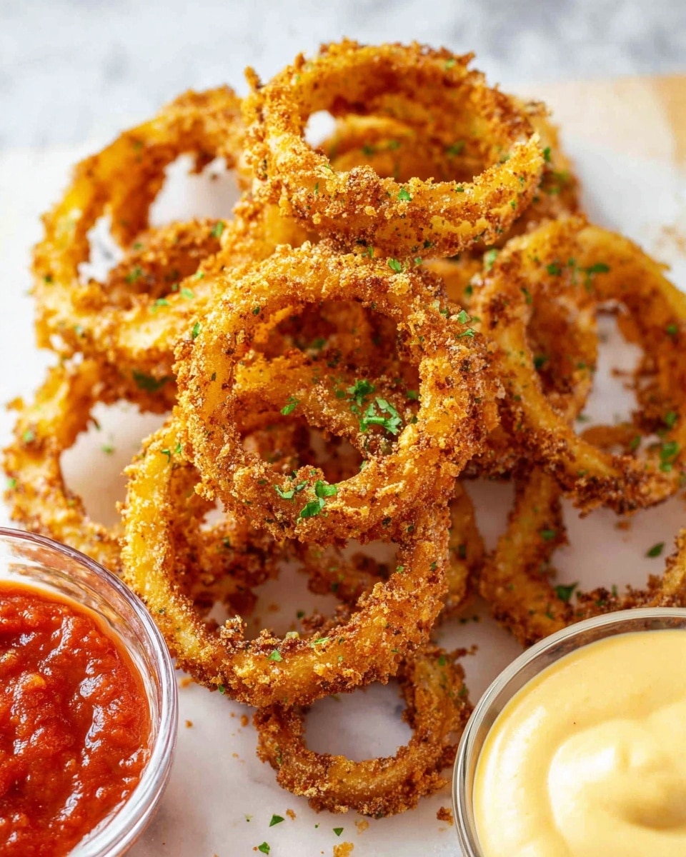 A pile of golden brown crispy onion rings sits in the center on a white marbled surface, each ring coated in a crunchy texture with small green herb bits sprinkled over the top. The onion rings are stacked unevenly, showing their round shapes and rough fried coating. To the top right, there is a clear glass bowl with creamy light yellow dipping sauce, smooth in texture. At the bottom left, there is a clear glass bowl containing chunky red tomato sauce, adding bright color contrast. The whole scene is bright and inviting, showing the food close up with good lighting photo taken with an iphone --ar 4:5 --v 7