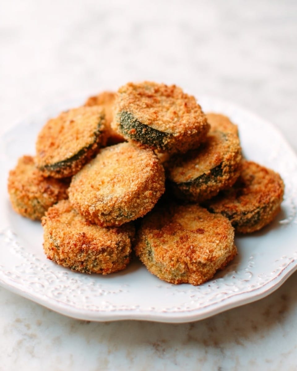 A white plate with light decorative edges holds a stack of about ten round fried pieces, each coated in a golden brown crispy crumb layer. The fried pieces have a slightly rough texture with hints of green skin visible at the sides, suggesting they are slices of vegetable, arranged in a casual pile in the center of the plate. The background shows a white marbled surface, softly lit to highlight the texture and color of the fried pieces. photo taken with an iphone --ar 4:5 --v 7