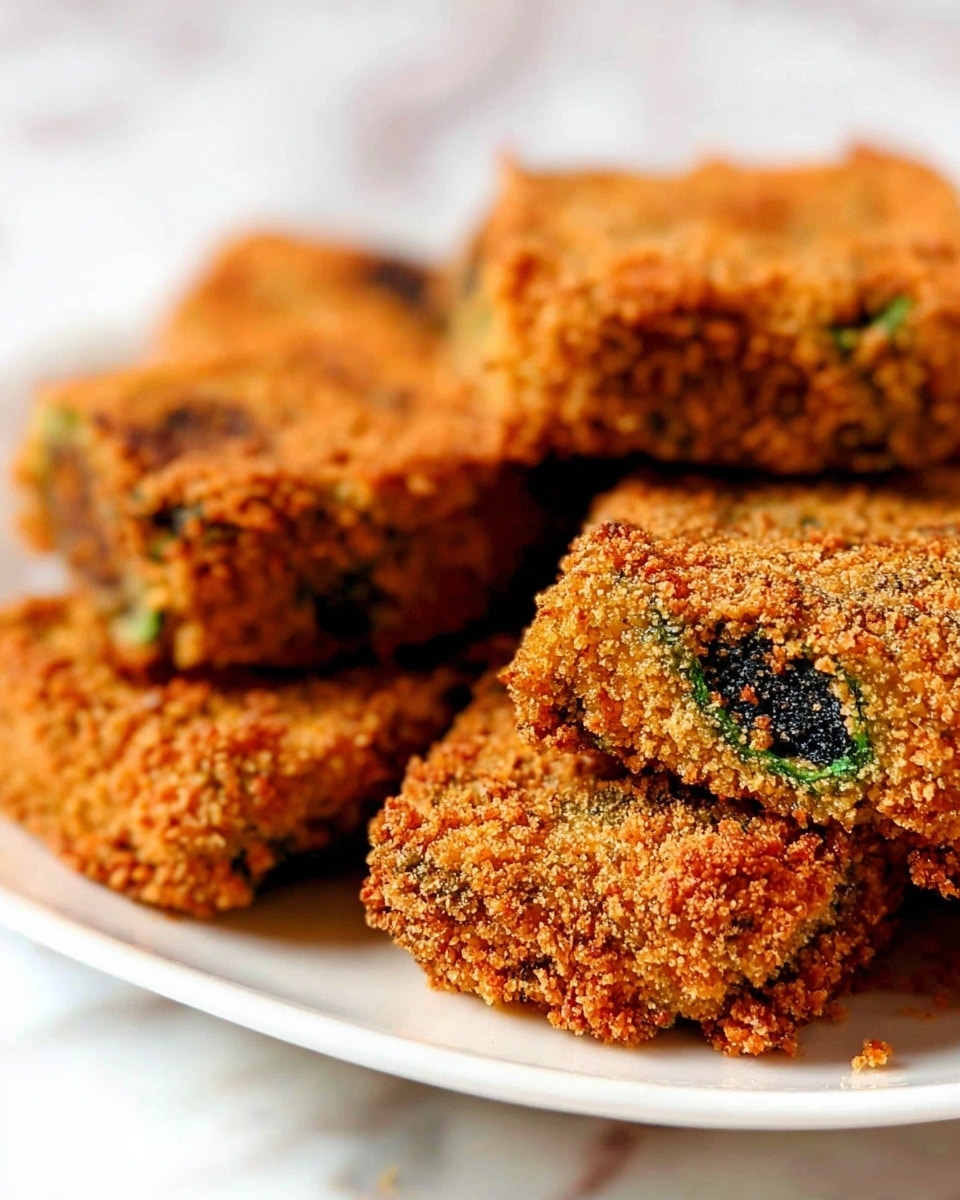 A close-up view of several pieces of breaded and fried vegetable slices stacked slightly on a white plate, each piece showing a rough, golden brown crumb layer on the outside with some green vegetable skin visible under the coating. The texture of the breading is coarse and crunchy, with the pieces irregularly shaped but roughly square or rectangular. The background is a white marbled surface, soft-focused to keep attention on the food. photo taken with an iphone --ar 4:5 --v 7