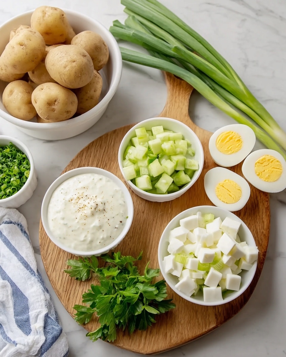 The image shows a wooden board on a white marbled surface with several small white bowls and ingredients arranged neatly. On the board, there is a bowl with creamy white sauce with a smooth texture and tiny brown specks, a bowl with small white cubes of a soft ingredient, and another bowl filled with chopped green celery. There are two halves of a boiled egg with bright yellow yolks sitting next to some slices of green cucumber on the board. A bunch of bright green fresh parsley leaves is also placed on the board. In the background, there is a white bowl filled with brown potatoes and some fresh green onions lying on the white marbled surface beside a white and blue striped kitchen towel. Photo taken with an iphone --ar 4:5 --v 7