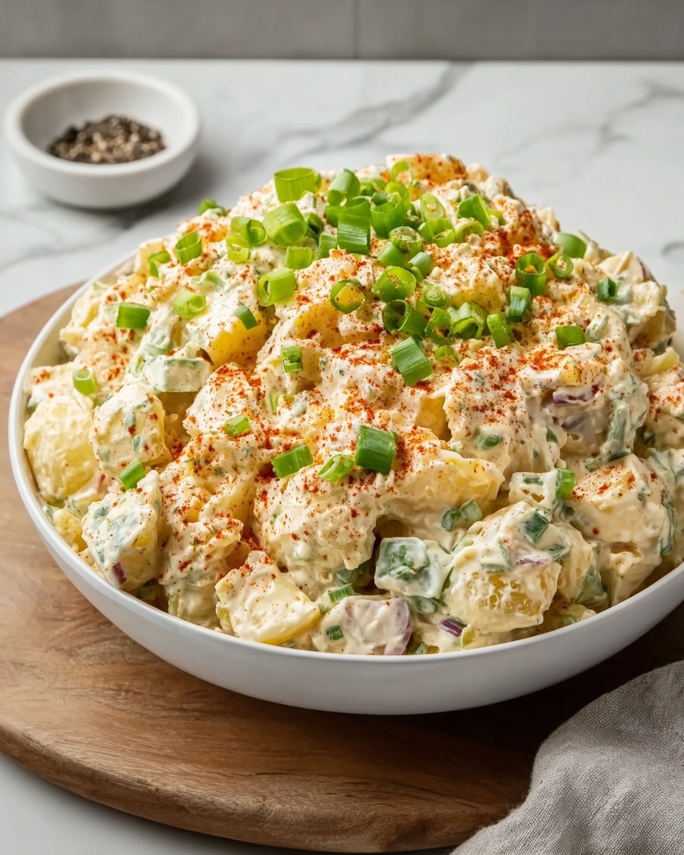 A large mound of creamy potato salad sits in a white bowl, placed on a wooden board over a white marbled surface. The salad shows a mix of chunky, pale yellow potato pieces coated in a thick, light beige dressing with visible herbs and small vegetable bits mixed throughout. The top is sprinkled with bright green chopped spring onions and a dusting of reddish paprika, adding color and texture contrast. In the background, a small white dish with coarse black pepper is visible. The photo taken with an iphone --ar 4:5 --v 7