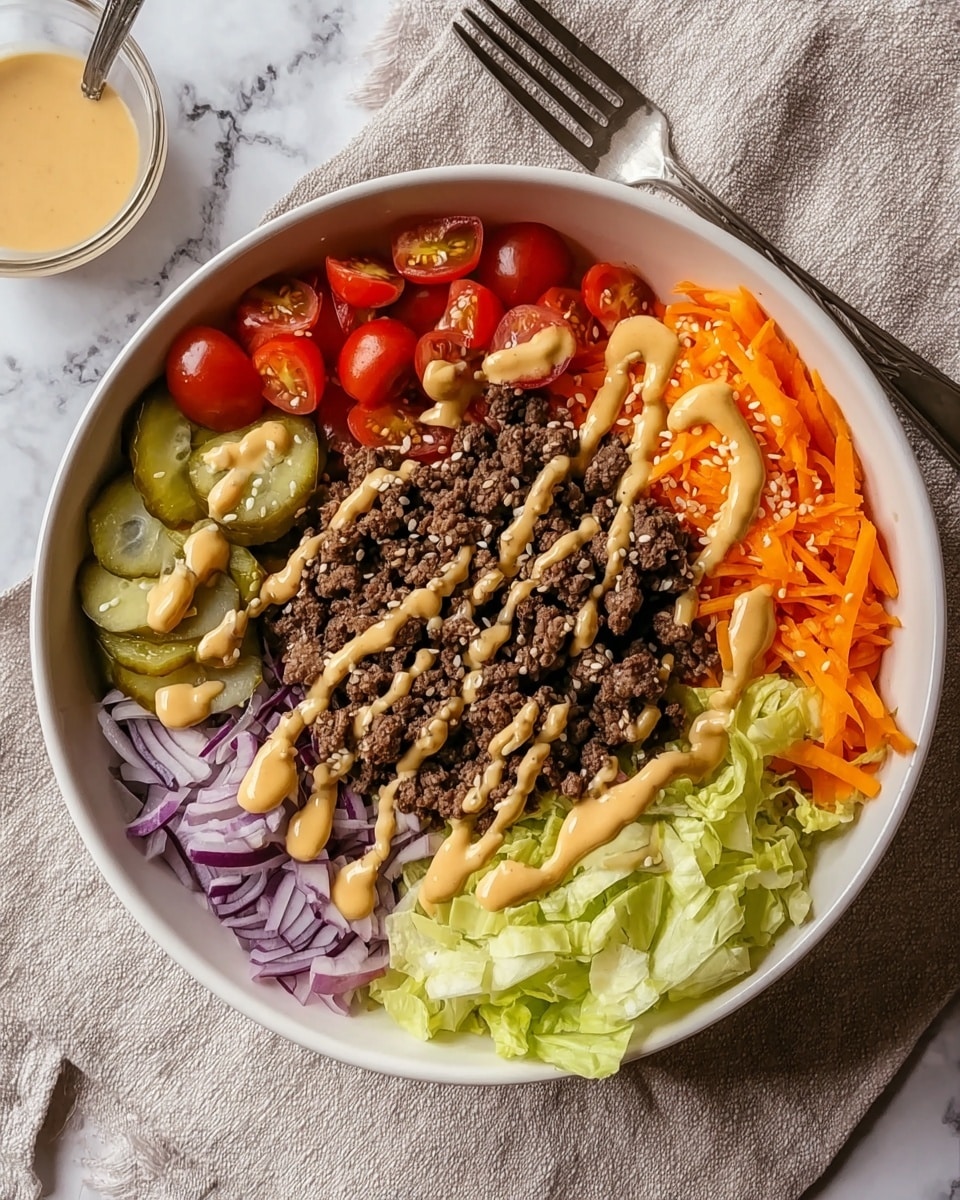 A white bowl filled with five distinct layers arranged in a circle, starting from the top: quartered red cherry tomatoes, pale green sliced pickles, thinly sliced purple onions, shredded bright orange carrots, and light green lettuce leaves. In the center, there is a generous pile of cooked ground beef with lines of creamy beige sauce drizzled over it. The dish is sprinkled lightly with white sesame seeds. The bowl sits on a beige cloth on a white marbled surface with a silver fork to the side. photo taken with an iphone --ar 4:5 --v 7