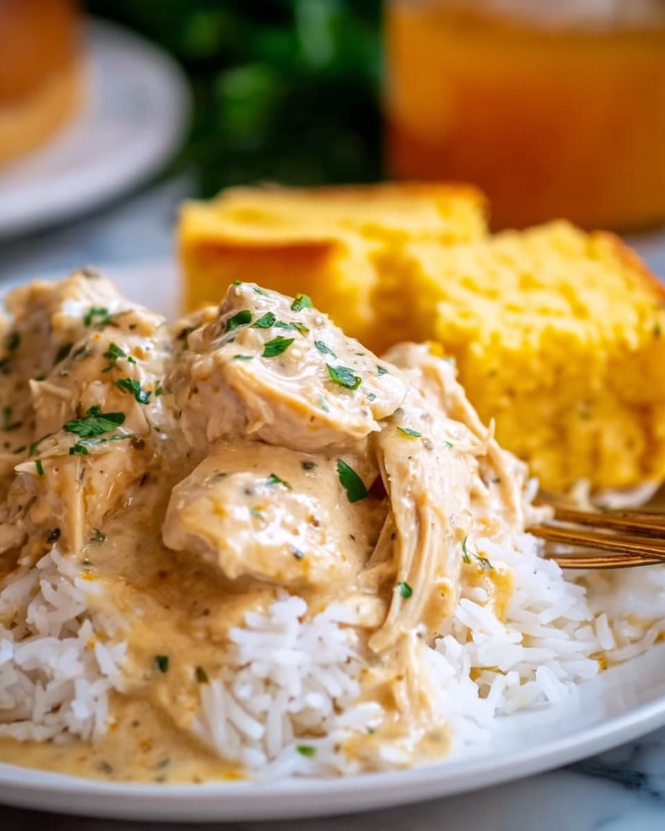 The image shows a close-up of a white plate with two main layers: a base layer of fluffy white rice with individual grains visible, and on top, several thick pieces of creamy light yellow shredded chicken covered in smooth sauce. The sauce has a slightly glossy texture, and small green herb bits are sprinkled on the chicken, adding color contrast. In the background, there are slices of yellow cornbread with a crumbly texture, and the whole scene is set on a white marbled surface, with a blurred out orange drink and green leaves. The lighting is warm, making the food look fresh and inviting. Photo taken with an iphone --ar 4:5 --v 7