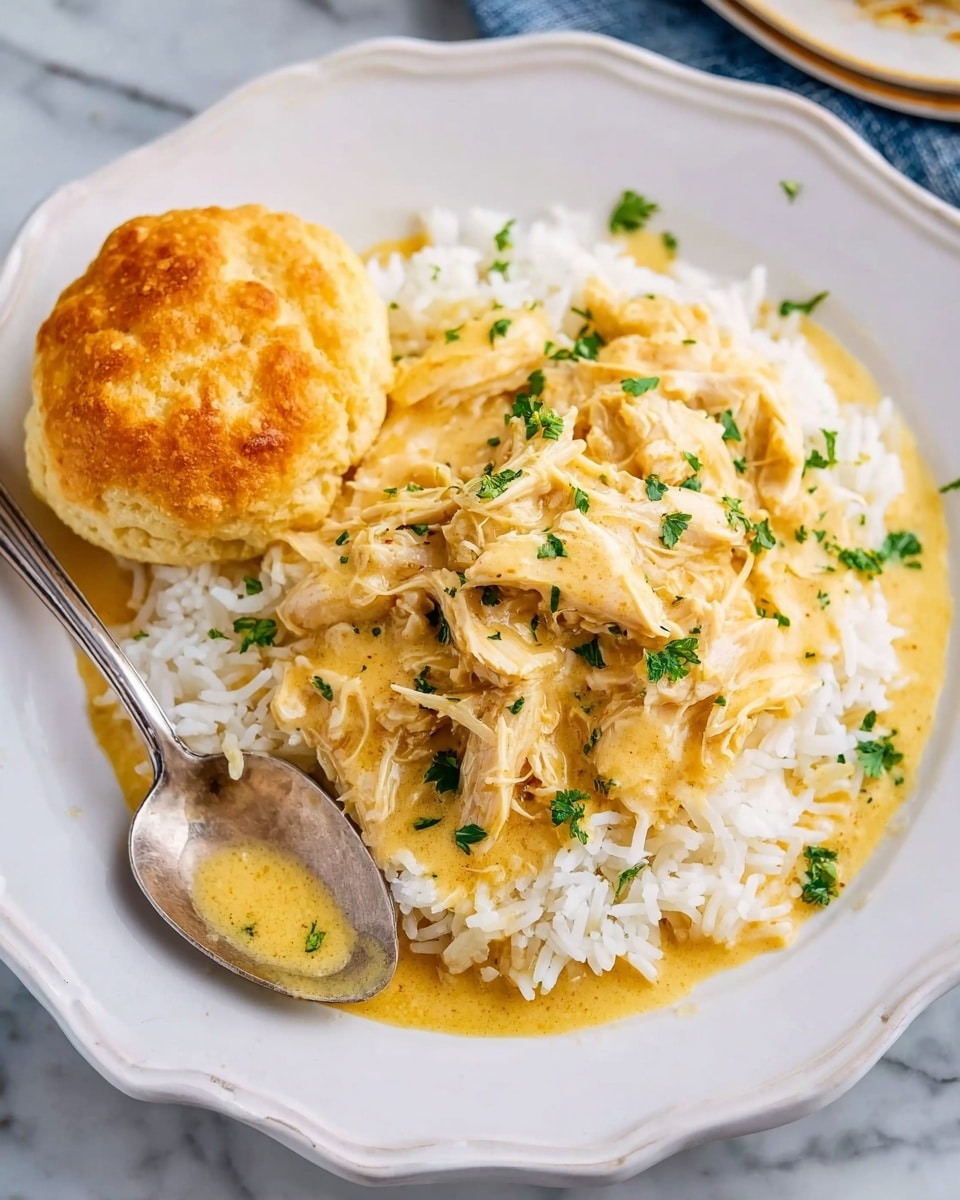 A white scalloped plate holds a serving of fluffy white rice as the bottom layer, topped with shredded chicken in a light yellow sauce that looks creamy and moist, garnished with small green parsley bits scattered on top. To the left side of the plate, a golden-brown biscuit with a slightly rough texture rests on the rice. A silver spoon is placed at the edge of the plate, partially dipped in the sauce. The dish is set on a white marbled surface. photo taken with an iphone --ar 4:5 --v 7