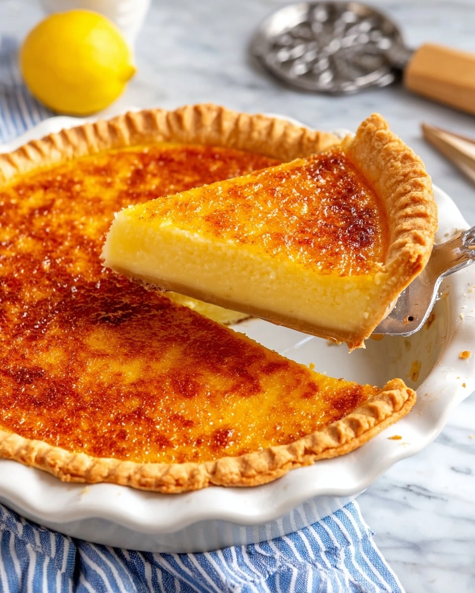 The image shows a pie with one slice lifted out on a white pie dish. The pie has two visible layers: the bottom layer is a light yellow, smooth filling, and the top layer is a caramelized, golden-brown crust with a slightly rough texture. The pie crust around the edge is thick, light golden, and crimped. The pie is placed on a white marbled surface, with a silver pie server holding the slice. In the background, there is a blue and white striped cloth, a yellow lemon half, and a silver pie crust cutter. Photo taken with an iphone --ar 4:5 --v 7