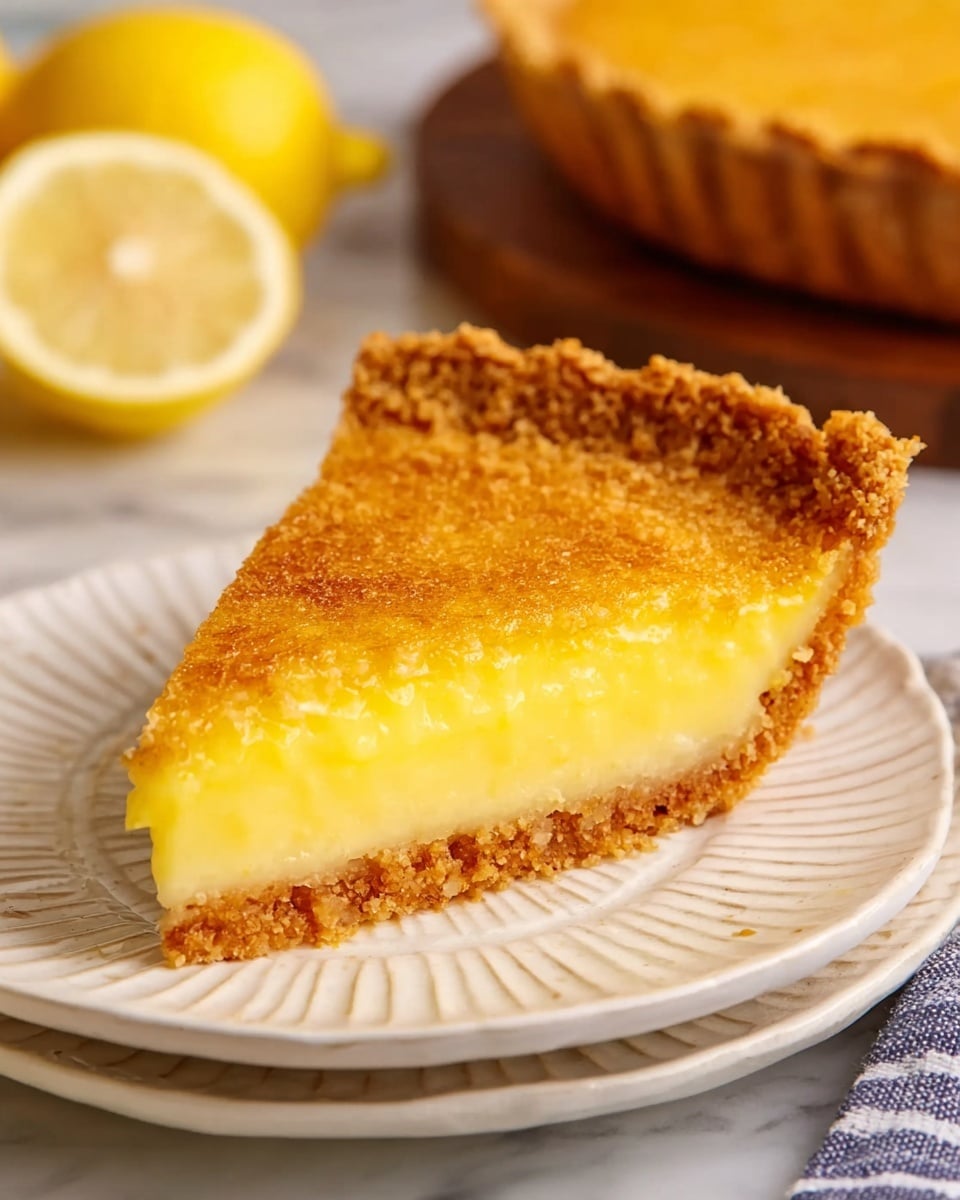 A single slice of lemon pie sits on a white plate with a textured edge, showing three main layers: a golden brown crunchy top, a thick bright yellow lemon filling in the middle, and a light golden crust at the bottom with a fluted edge. Part of a whole pie is visible blurred in the background along with half a lemon, all placed on a white marbled surface. The scene is strongly lit, enhancing the pie's warm colors. Photo taken with an iphone --ar 4:5 --v 7