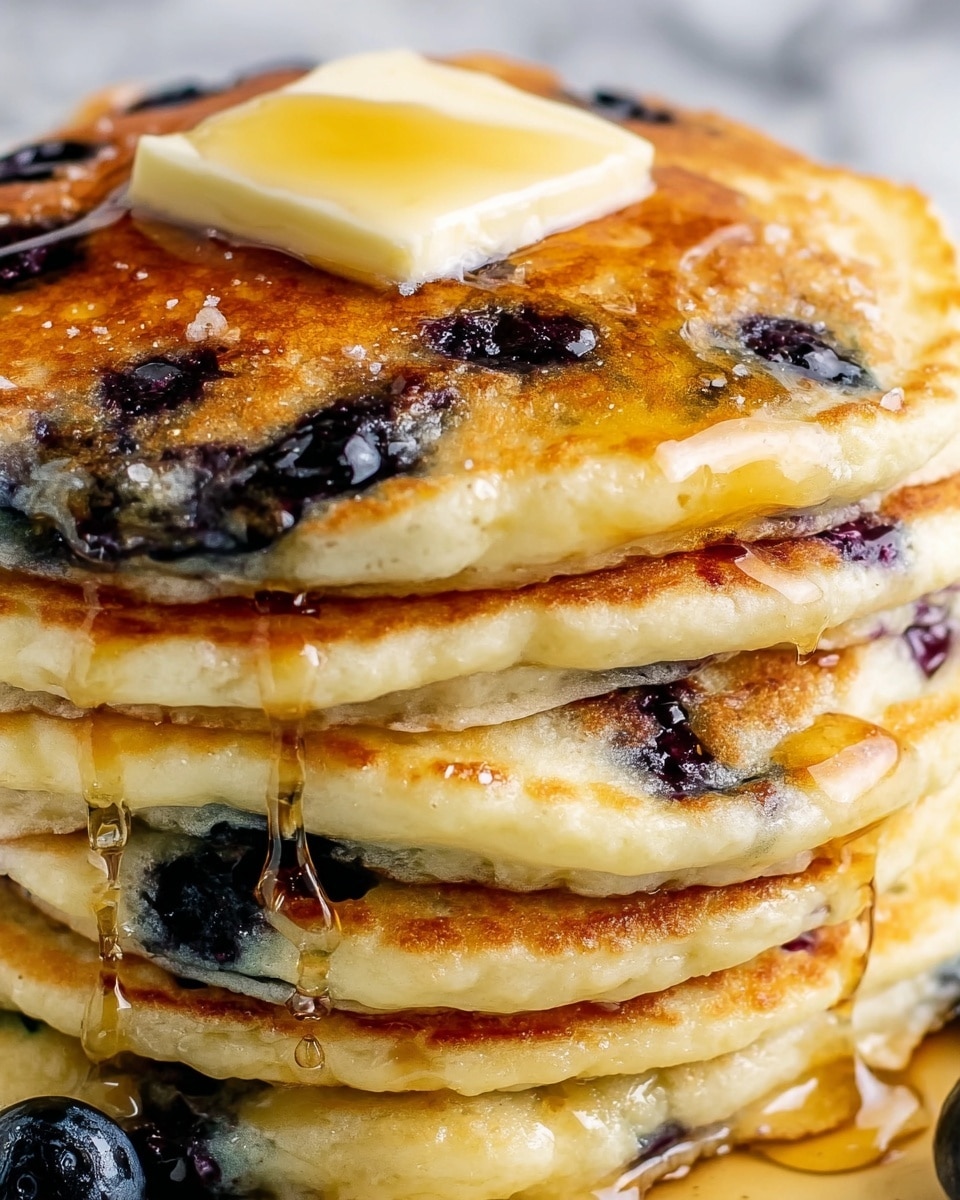 A stack of five golden brown blueberry pancakes sits close up, each layer thick with visible blueberries baked inside and on top. The top pancake is decorated with a melting square of light yellow butter, and maple syrup glistens as it drips down the sides, adding shine and moisture to the warm, soft texture. The pancakes have a soft, fluffy look with slight bubbles on the surface and browned edges. The background is a white marbled texture. photo taken with an iphone --ar 4:5 --v 7