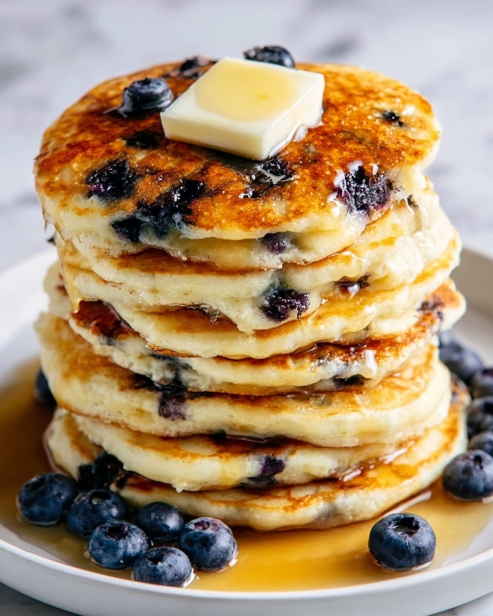 A stack of six golden brown pancakes studded with dark blueberries is placed on a white plate, each pancake showing a fluffy texture with visible blueberries inside and on top. The top pancake has a melting square of butter sitting in the center, glistening slightly. Golden syrup is lightly poured over the stack, pooling around the base and shining on the pancakes' surface. Fresh blueberries are scattered around the plate's base. The background features a white marbled texture. photo taken with an iphone --ar 4:5 --v 7