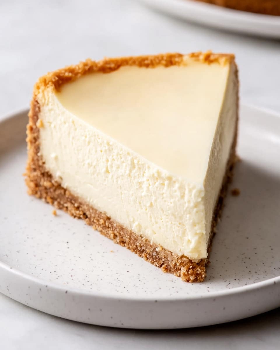 A single slice of cheesecake with two clear layers is shown on a white plate with subtle gray speckles, sitting on a white marbled surface. The bottom layer is a crumbly light brown graham cracker crust, forming a firm base and edges around the smooth pale yellow cream cheese layer above it. The cream cheese layer has a creamy, dense texture and a clean, slightly shiny surface shaped into a neat triangular wedge. Photo taken with an iphone --ar 4:5 --v 7