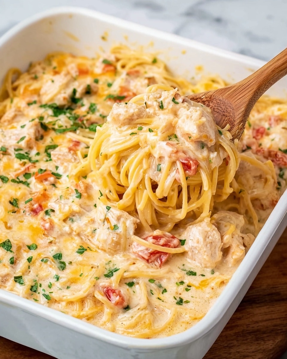 The image shows a white square baking dish filled with a creamy pasta casserole. The dish has several layers, starting with cooked spaghetti coated in a thick, cheesy sauce that is pale yellow with orange spots from melted cheese and small tomato pieces mixed throughout. Large chunks of tender white meat are scattered on top and throughout the pasta. Fresh green herbs are sprinkled over the entire dish, adding a pop of color. A wooden spoon is lifting a twisted portion of the spaghetti, showing the creamy texture and chunky pieces clearly. The dish sits on a white marbled surface, adding a clean, bright background. Photo taken with an iphone --ar 4:5 --v 7
