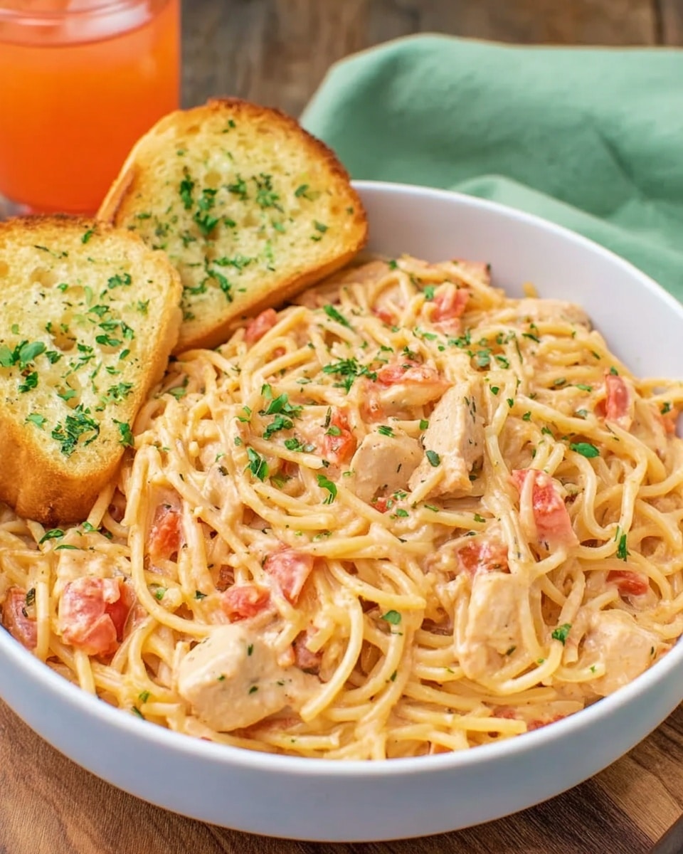A white bowl filled with a creamy spaghetti dish that has light orange sauce coating the pasta strands evenly. Mixed within the spaghetti are pieces of light-colored chicken and small chunks of red tomatoes, all sprinkled with chopped green herbs on top. Two slices of garlic bread with a golden crust and green herb flecks rest on the side inside the bowl. The bowl is placed on a wooden surface, alongside a glass with an orange drink and a green cloth napkin nearby. photo taken with an iphone --ar 4:5 --v 7