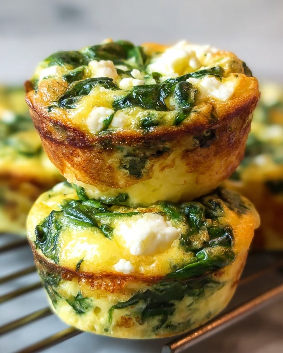 The image shows two small egg muffins stacked on top of each other on a grill. Each muffin has a golden brown outer layer with a soft, light yellow interior. Bright green spinach leaves are mixed throughout the egg, creating a leafy texture visible in every layer. White cheese pieces are sprinkled inside and on top of the muffins, adding a crumbly texture with irregular shapes. The muffins have a slightly rough surface where the eggs baked, and the edges are slightly browned and crispy. The background has a soft focus, with a white marbled texture faintly visible beneath the muffins photo taken with an iphone --ar 4:5 --v 7