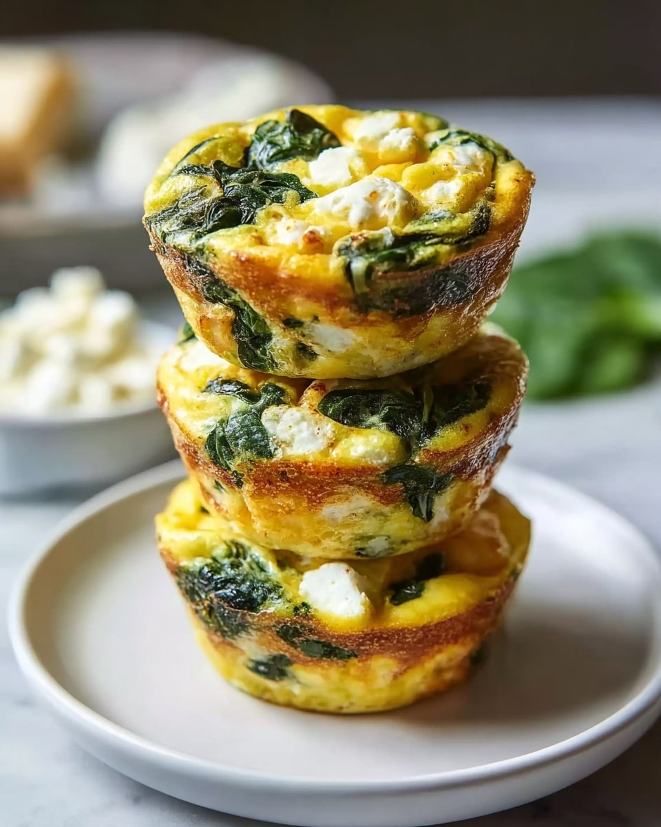 Three small egg muffins are stacked on top of each other on a white plate placed on a white marbled surface. Each muffin shows layers of soft, yellow cooked eggs mixed with vibrant dark green spinach leaves and white chunks of cheese, with the muffins having a slightly brown crust around the edges. The top muffin has a golden color with spinach and cheese pieces clearly visible, while the middle and bottom muffins also show a similar mix of yellow, green, and white colors in their round shapes. In the blurred background, there is a small bowl with white cheese and some green leaves. Photo taken with an iphone --ar 4:5 --v 7