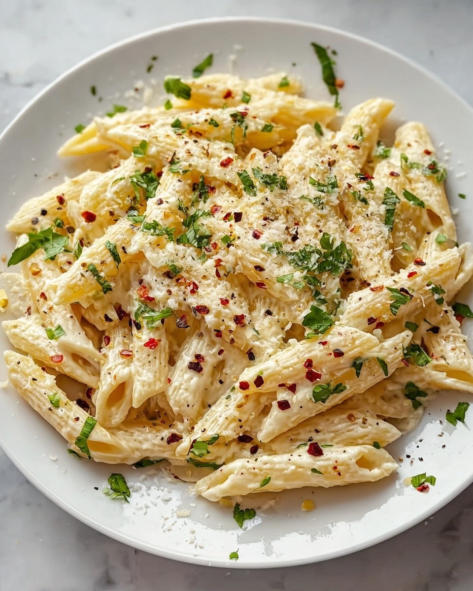 A white plate holds a single layer of penne pasta coated in a creamy white sauce. The pasta is sprinkled generously with finely grated cheese and chopped green herbs scattered evenly on top. Small red chili flakes and cracked black pepper are spread across the pasta, adding specks of color and texture. The dish is set on a table with a white marbled surface in the background. Photo taken with an iphone --ar 4:5 --v 7