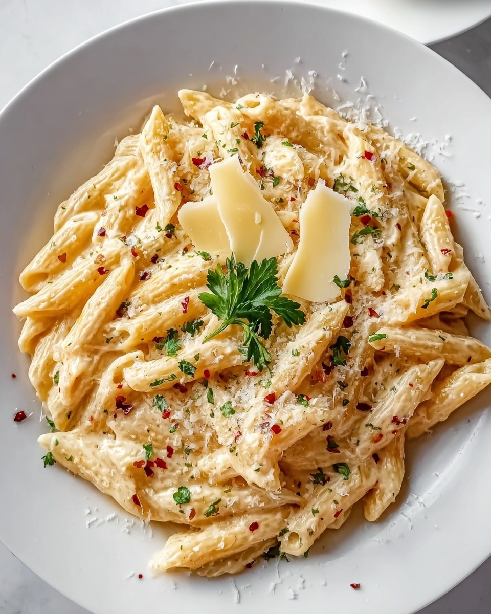 A white plate filled with creamy penne pasta, each pasta piece lightly coated in a light beige sauce. The top layer shows small bits of red chili flakes and chopped green herbs scattered evenly, adding specks of red and green over the pasta. On the very top, there are three thin slices of pale yellow cheese arranged in the center, with a small cluster of fresh green parsley resting just above the cheese. The pasta appears soft and slightly glossy, with some finely grated cheese sprinkled all over the dish. The white plate sits on a white marbled surface with a bright, clean background. photo taken with an iphone --ar 4:5 --v 7