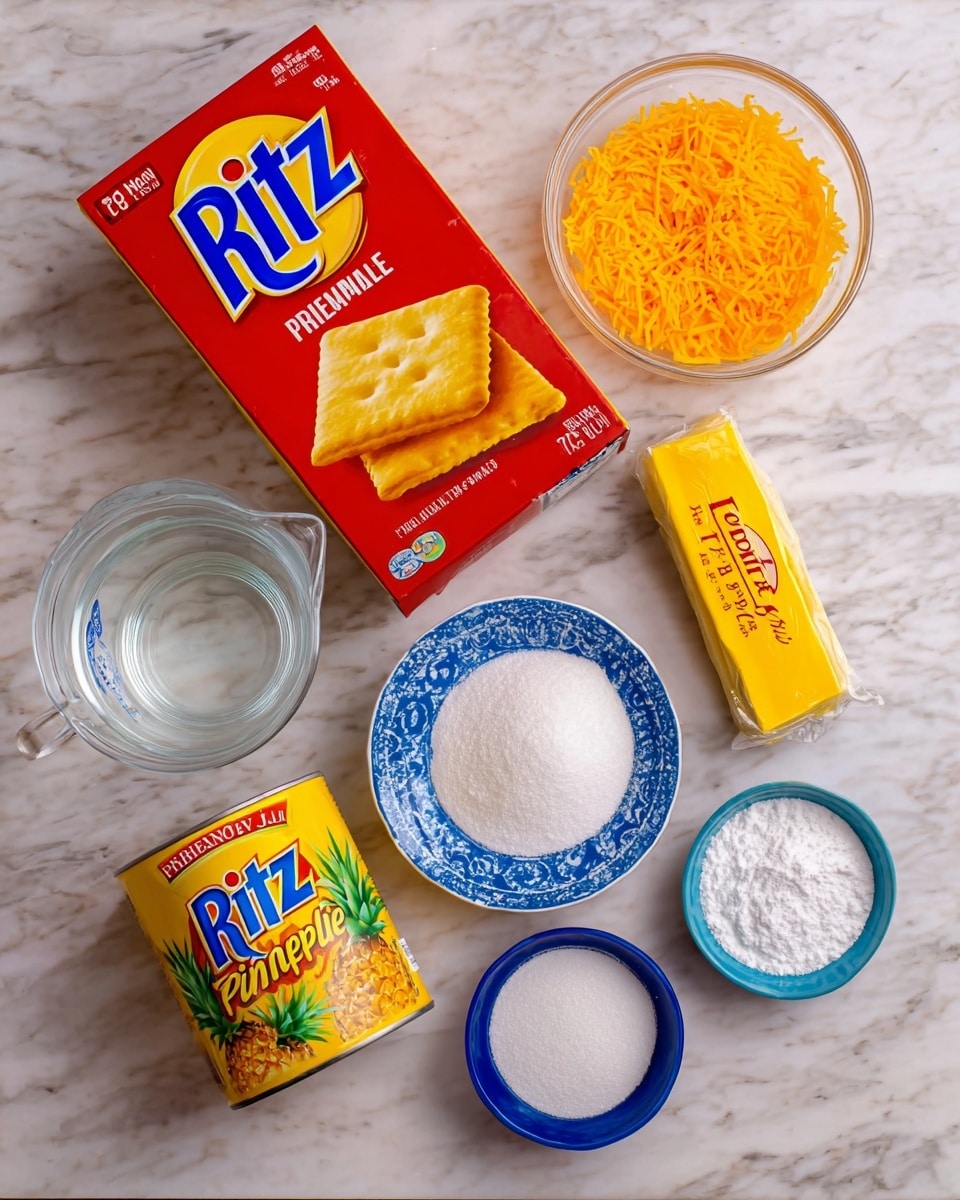 The image shows ingredients for a recipe arranged neatly on a white marbled textured surface. There is a large red and blue box of Ritz crackers in the top left, with the brand name in big yellow letters and a picture of a cracker in the center. Next to it is a clear glass bowl filled with bright orange shredded cheese. Below the cheese is a yellow box of pineapple Jell-O with red and green text. A blue and white patterned bowl filled with white sugar is placed near the center. To the left of the sugar bowl is a clear glass measuring cup with water inside. At the bottom left is a can of pineapple tidbits with a picture of yellow pineapples on the label. To the right of the can is a small blue bowl with white powder, and next to it is a light yellow stick of salted butter with blue and gold text on the wrapper. The whole setup is simple and clear, showing all ingredients in good light. photo taken with an iphone --ar 4:5 --v 7