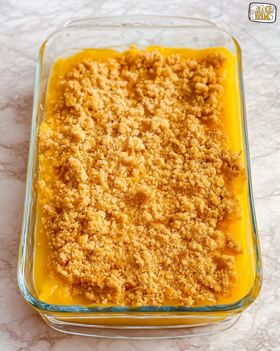A clear glass rectangular baking dish filled with a dessert that has two visible layers: the bottom layer is bright yellow and smooth, resembling a thick fruit filling, while the top layer is a golden-brown crumbly crust with a rough texture covering the entire surface. The dish is placed on a white marbled surface. photo taken with an iphone --ar 4:5 --v 7