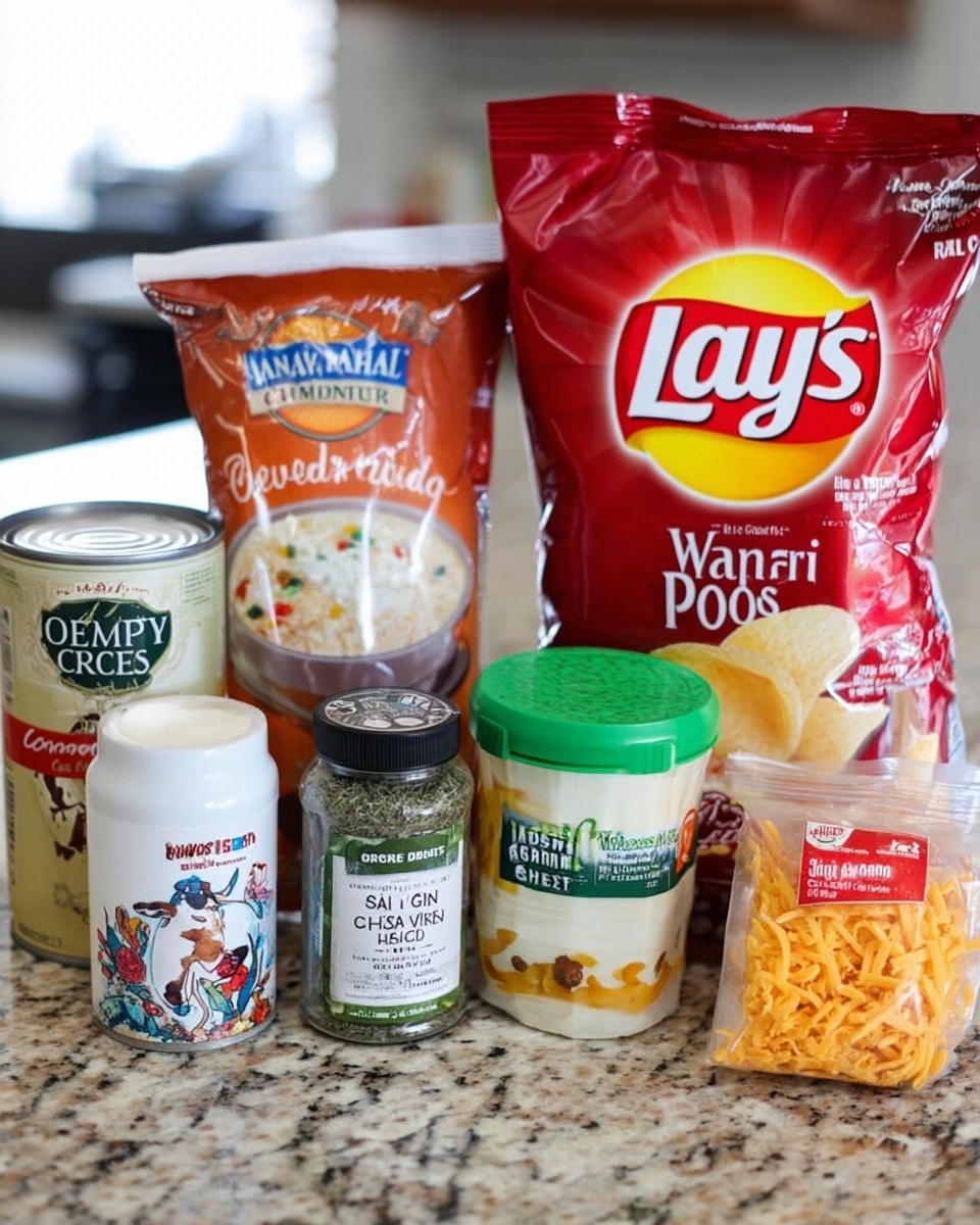 The image shows various cooking ingredients placed in a row on a white marbled surface. From left to right, there is a can of Campbell’s Cream of Chicken soup with a silver top, a white cup of original sour cream with colorful branding and a cow image, a small clear jar of dried chives with a black lid, a green and white container of Lawry’s garlic salt, a small jar of minced onion with a white lid, a large red bag of Lay’s Wavy Original potato chips labeled as family size, a red and orange bag of Idahoan Potatoes O’Brien with onions and peppers, a clear bag of shredded mild cheddar cheese labeled Sargento with a black top, and lastly, a white block of cheese with red wrapping behind the cheese bag. The background is slightly blurred and neutral, highlighting the ingredients in the front. photo taken with an iphone --ar 4:5 --v 7